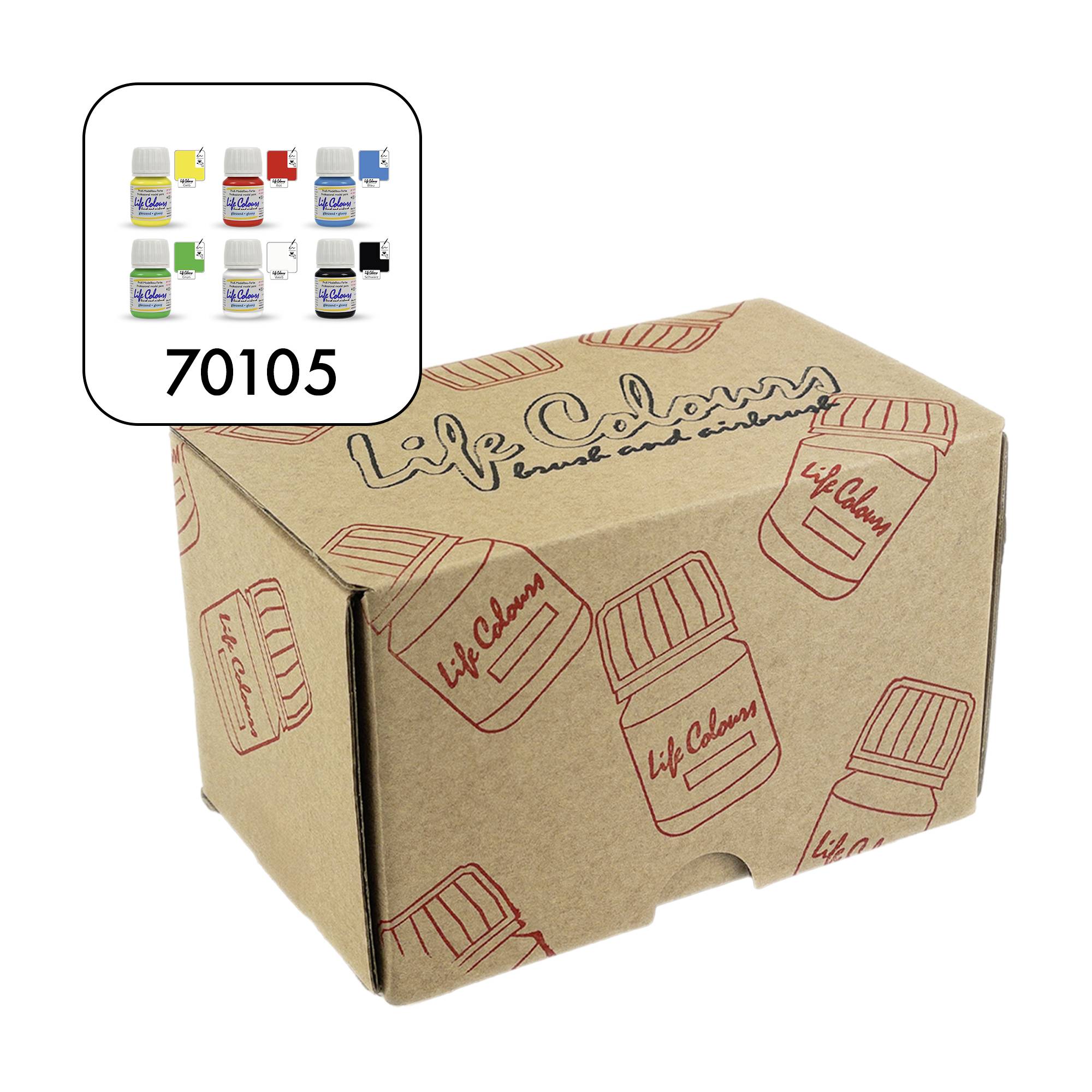 Kartonschachtel mit der Aufschrift 'Life Colours'. Oben links sind neun bunte Farbflaschen in einem Quadrat angeordnet.