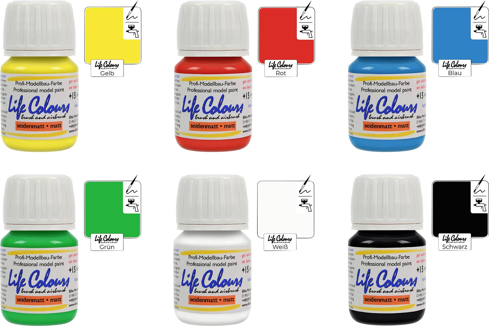 Sechs Flaschen Modellbau-Farben in Gelb, Rot, Blau, Grün, Weiß und Schwarz mit Etiketten 'Life Colors' und 'Wiedemann + Mett'.