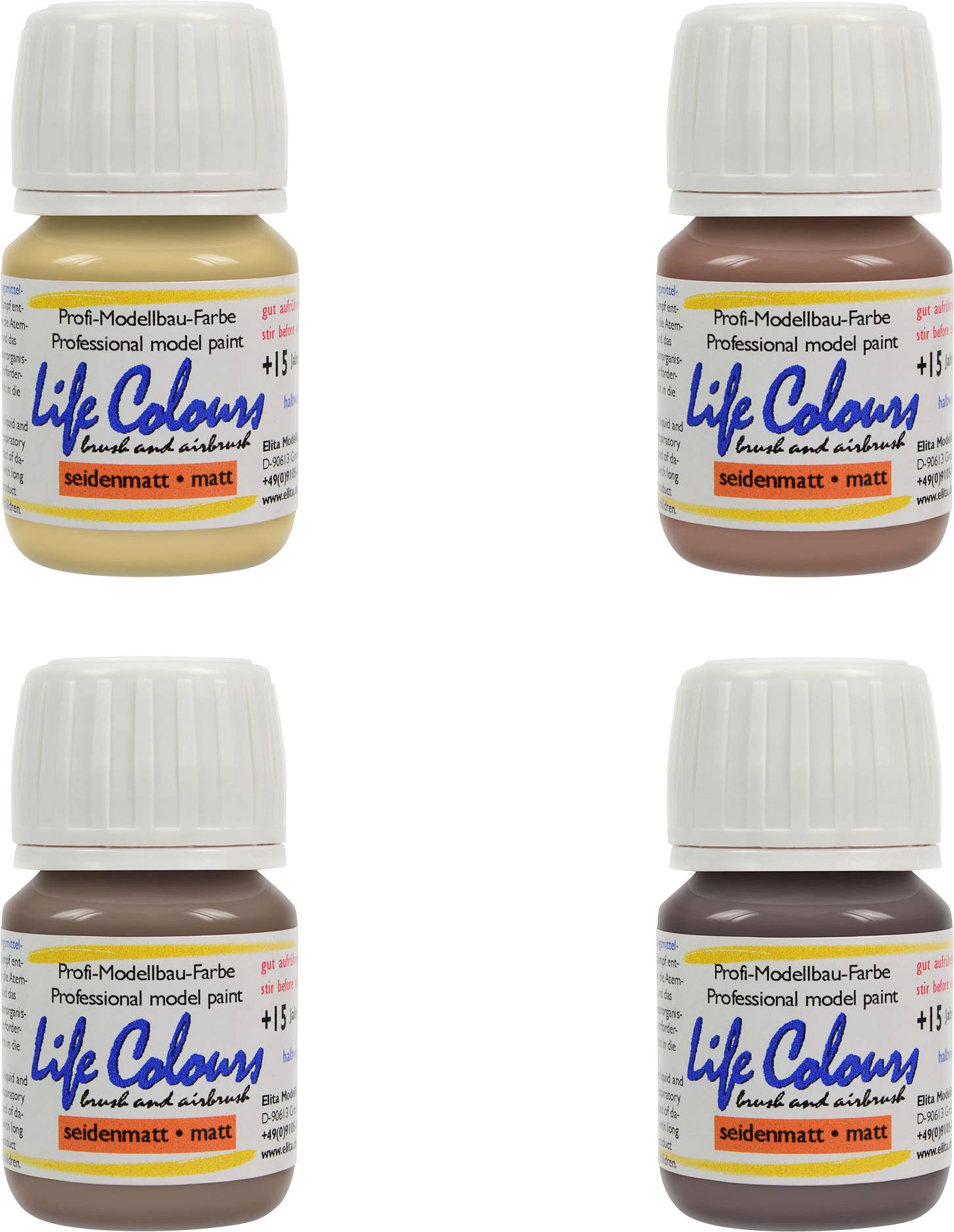 Vier Flaschen Life Colours Modellbaufarbe in zwei Gelb- und zwei Brauntönen, seidenmatt. Oben: Hellgelb und Rotbraun. Unten: Braun und Dunkelbraun.