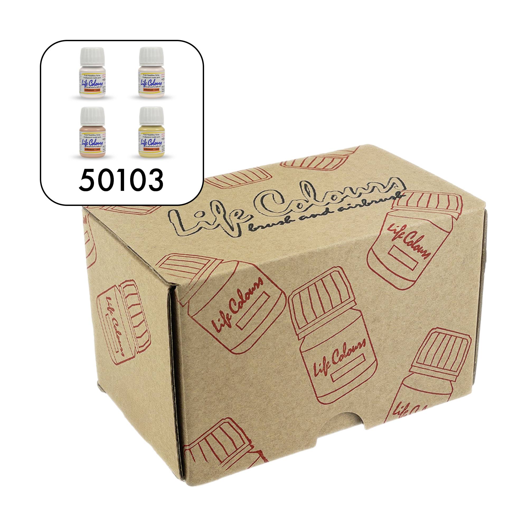 Kartonverpackung mit dem Aufdruck 'Life Colours', sowie vier Flaschen im Einsatzfeld dargestellt. Produktnummer: 50103.