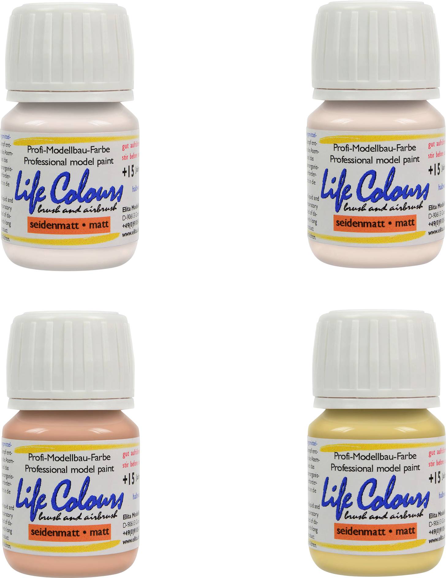 Vier Fläschchen Modellbaufarbe 'Life Colours': zwei in Rosatönen, zwei in Gelbtönen, jeweils seidenmatt und matt.