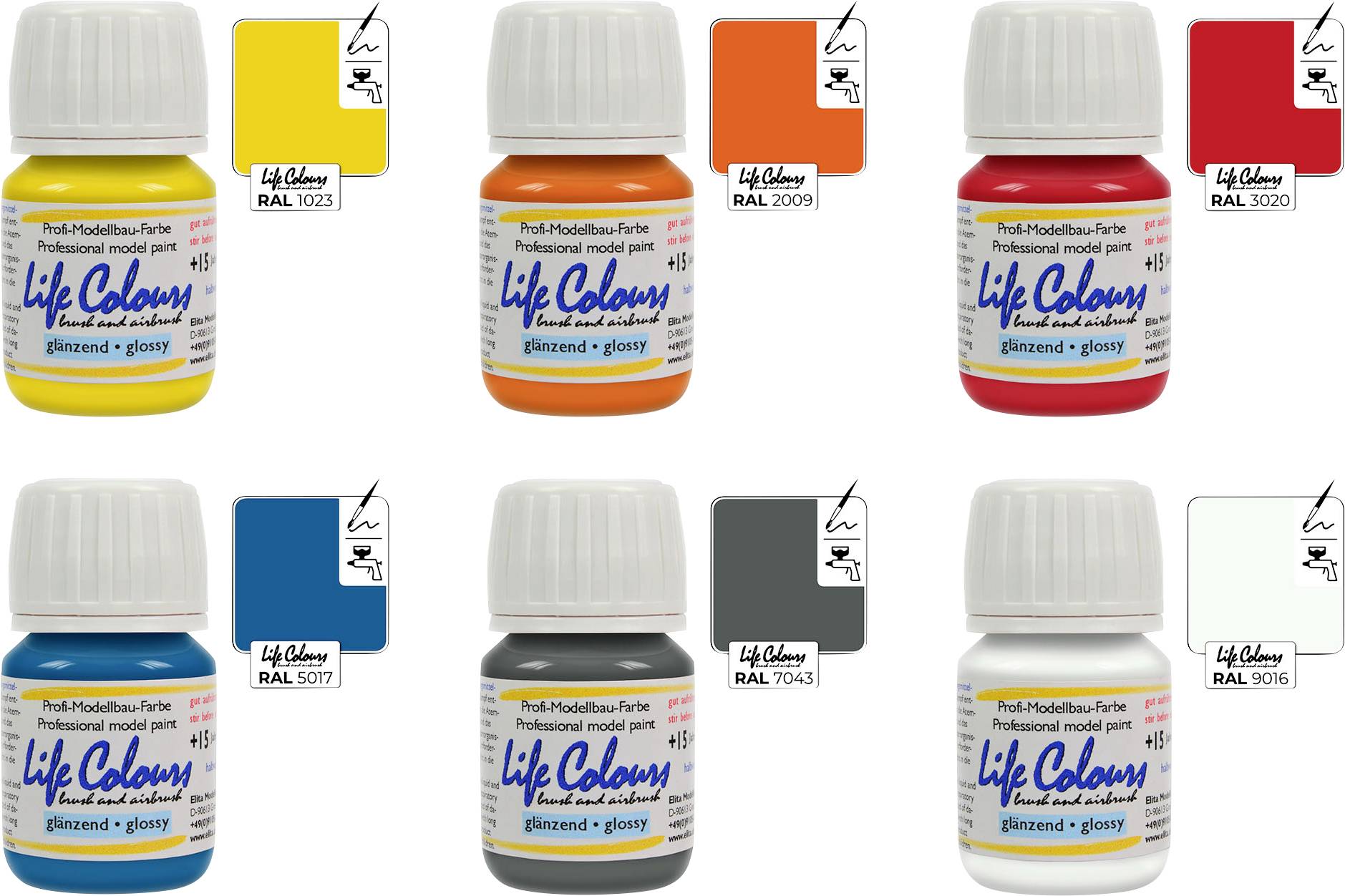 Sechs Flaschen Modellbau-Farbe: gelb, orange, rot, blau, grau, weiß. Jede Farbe hat einen RAL-Code zur genauen Identifikation.