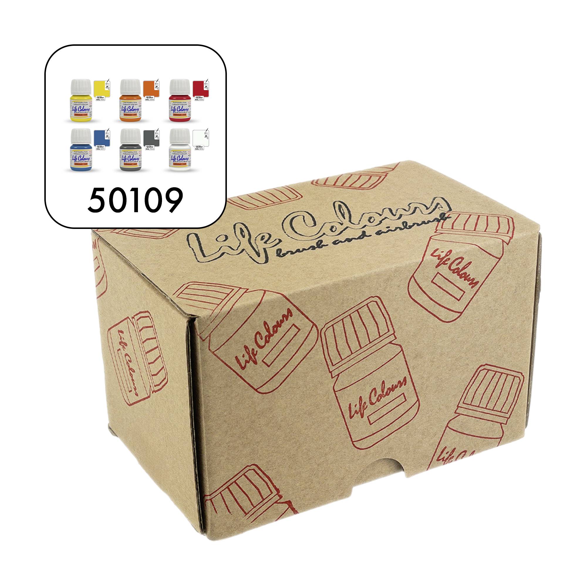 Karton mit der Aufschrift 'Life Colours', darauf Zeichnungen von Flaschen. Oben links kleine Abbildung von Farbeimern mit Nummer '50109'.