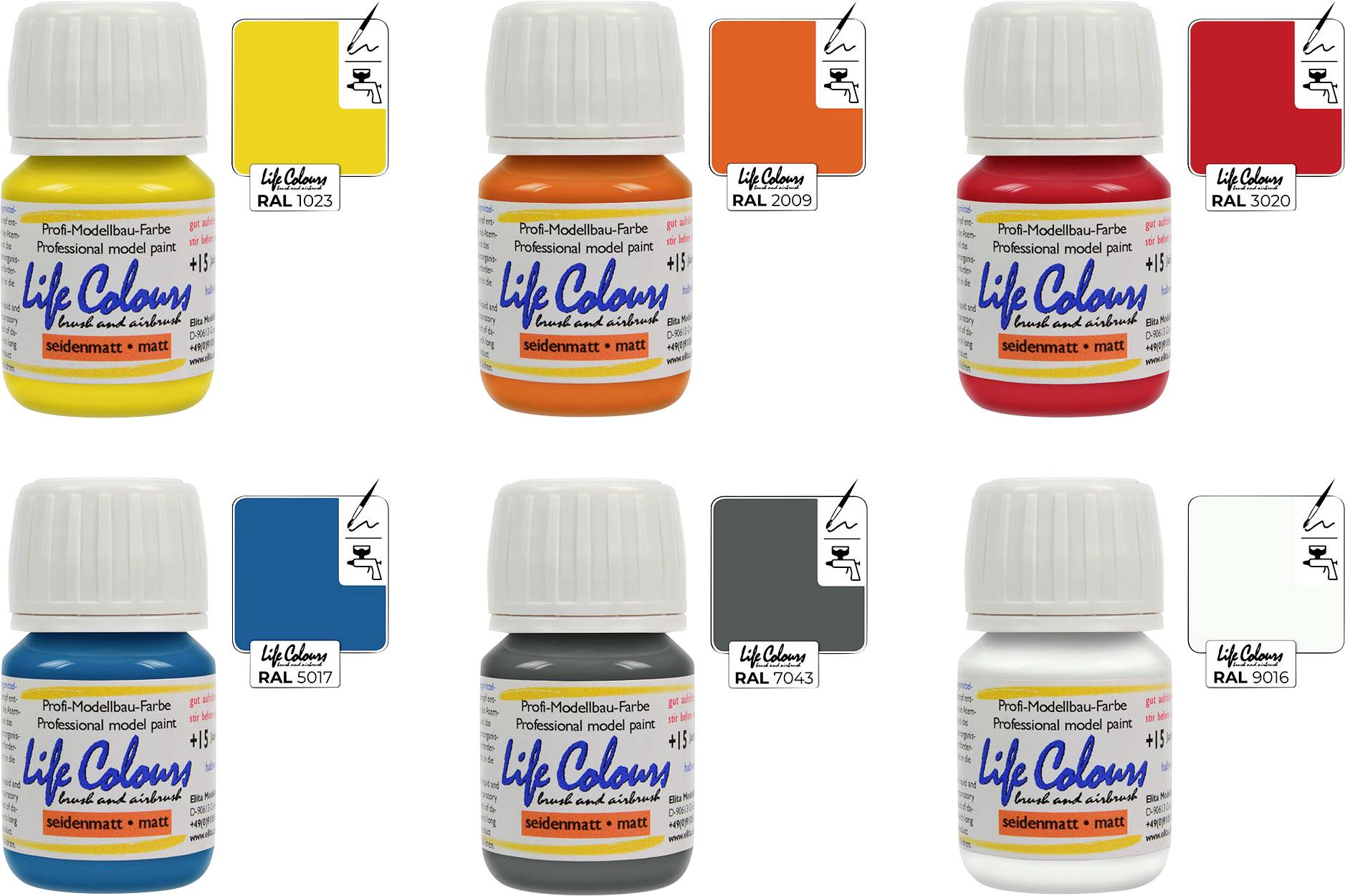 Sechs Lebensmittelfarbflaschen in verschiedenen Farbtönen: Gelb, Rot, Blau, Schwarz, Grau, Weiß. Hersteller: Life Colors.