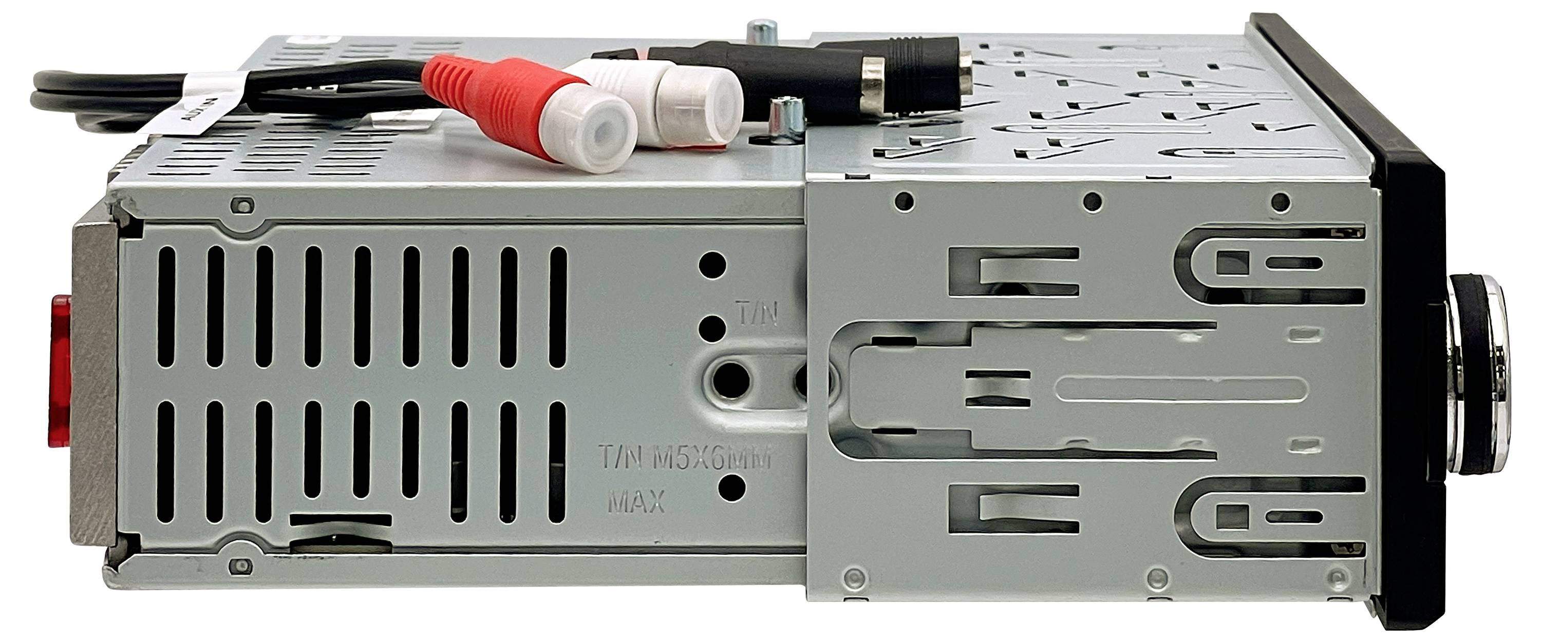 Autoradio von der Seite gezeigt, mit mehreren Anschlüssen oben und Gehäuse aus Metall.