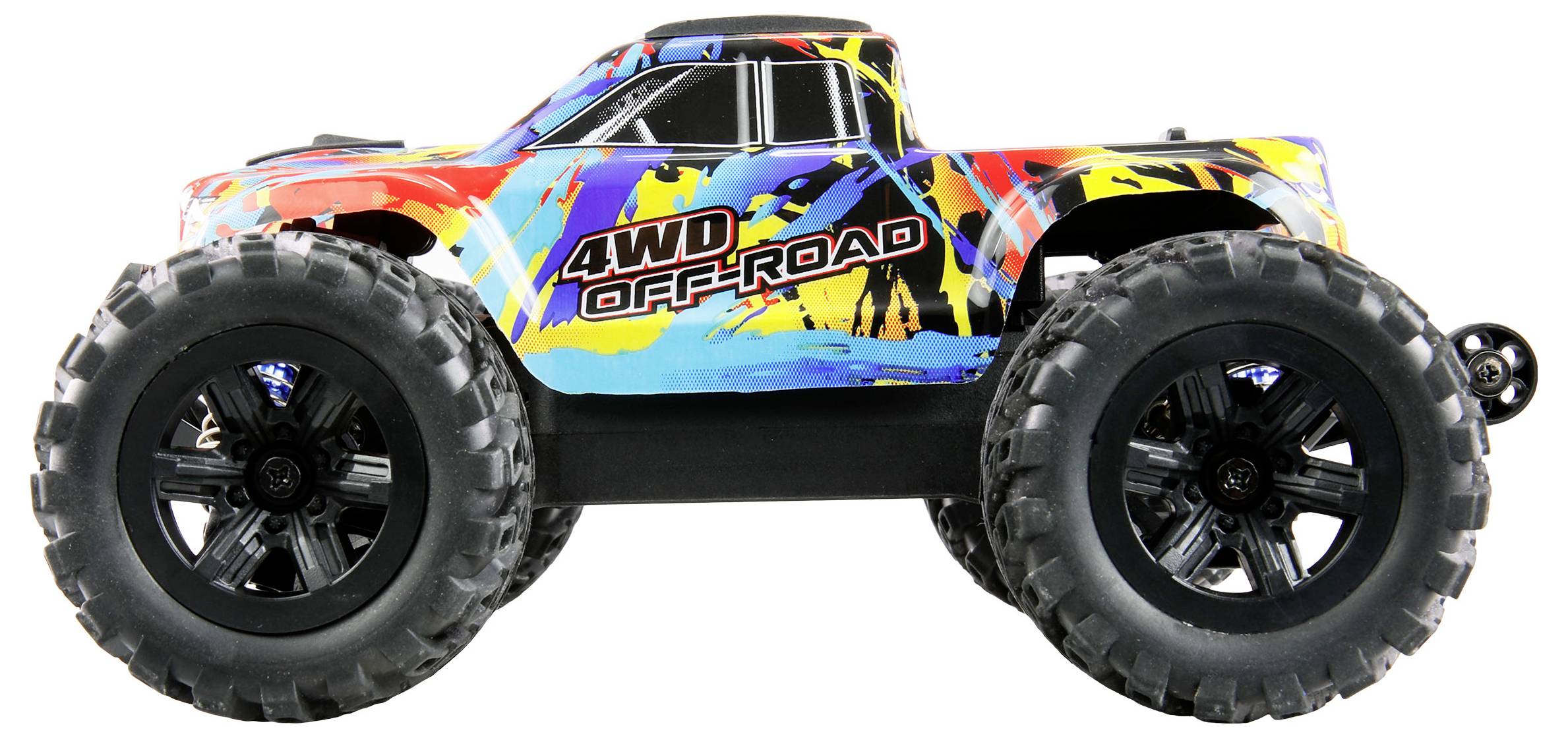 Ein bunt gestalteter Spielzeug-Truck mit großen Reifen und der Aufschrift '4WD Off-Road' auf der Seite.