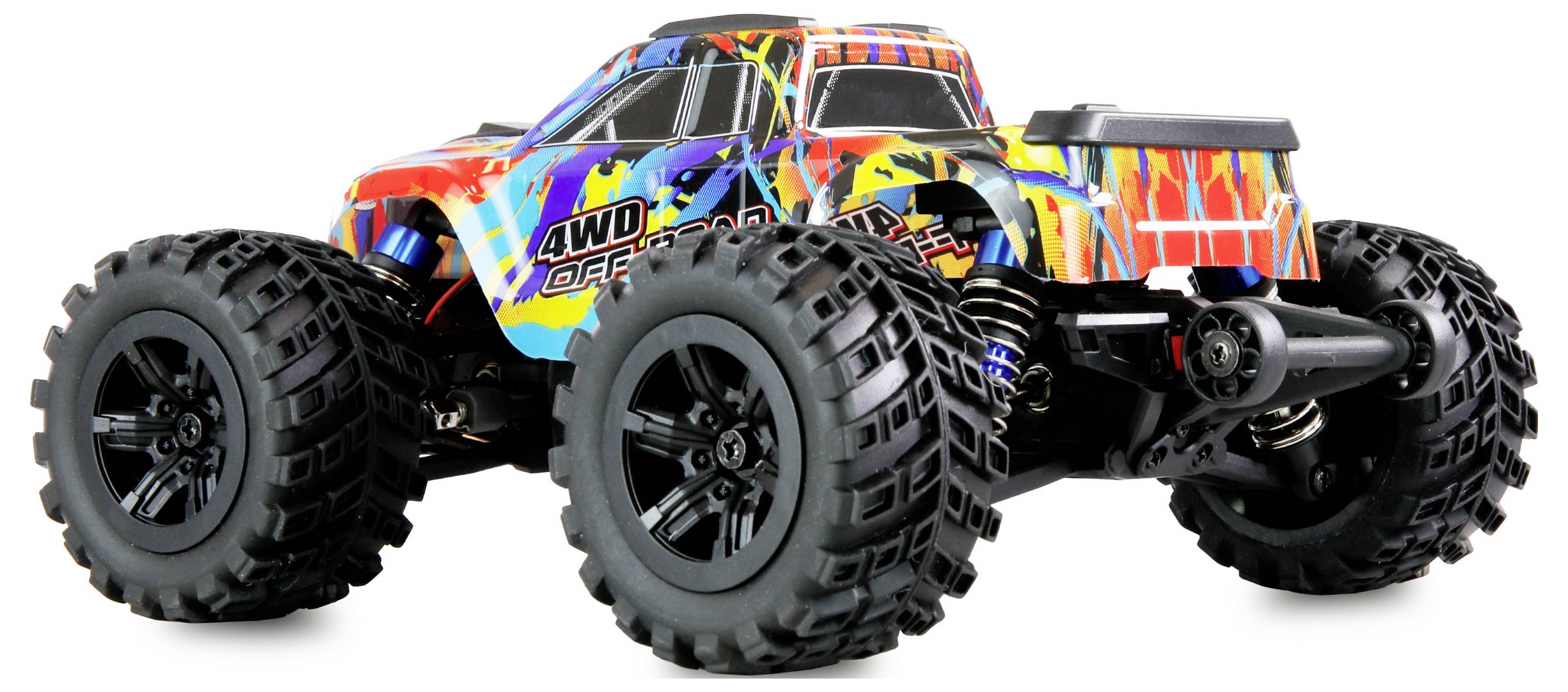 Ein farbenfrohes ferngesteuertes Geländefahrzeug mit großen, robusten Reifen, geeignet für Outdoor-Abenteuer und Off-Road-Fahrten.