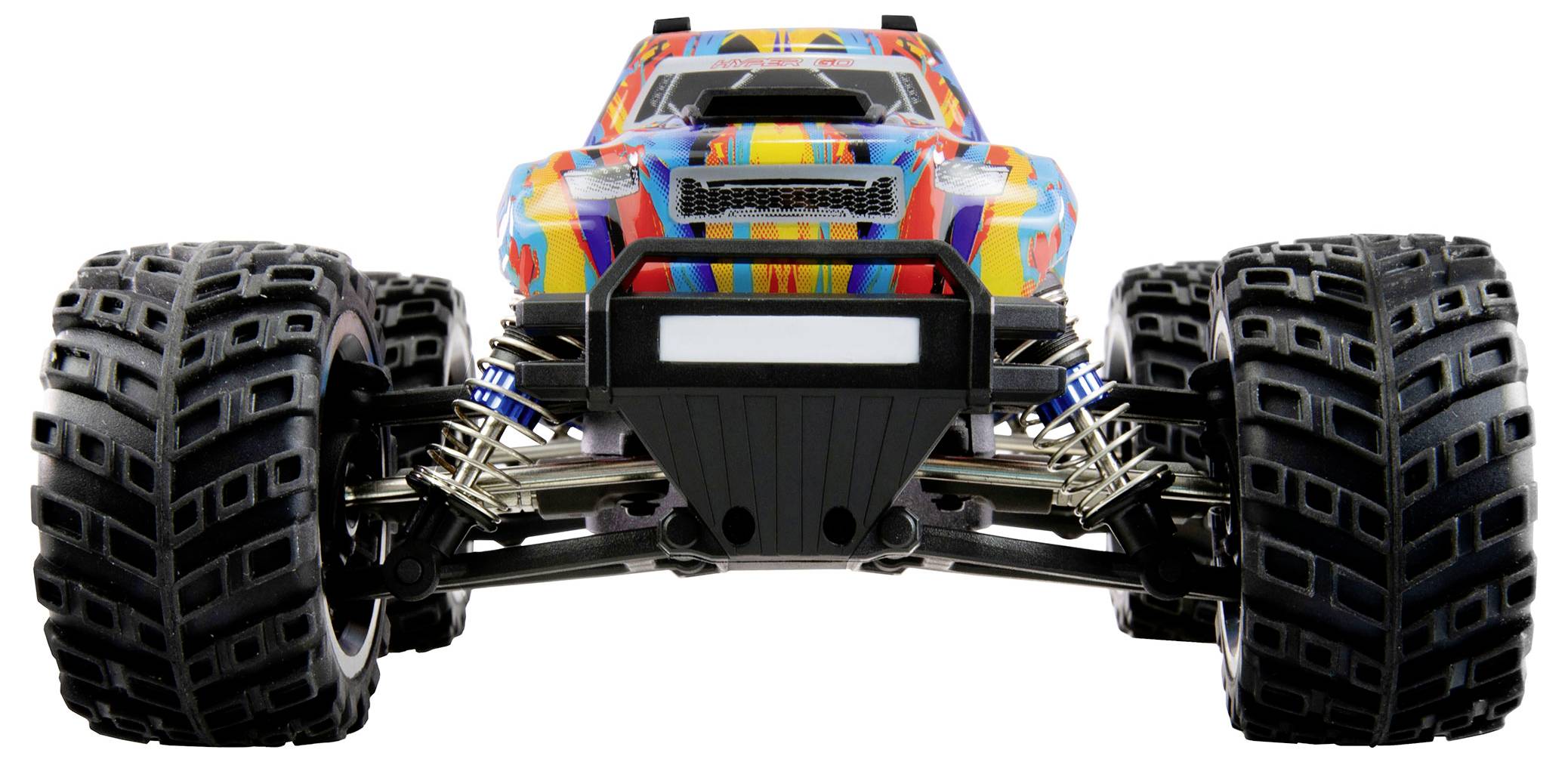 Ferngesteuertes Auto mit buntem Muster und großen, grobstolligen Reifen, Vorderansicht.