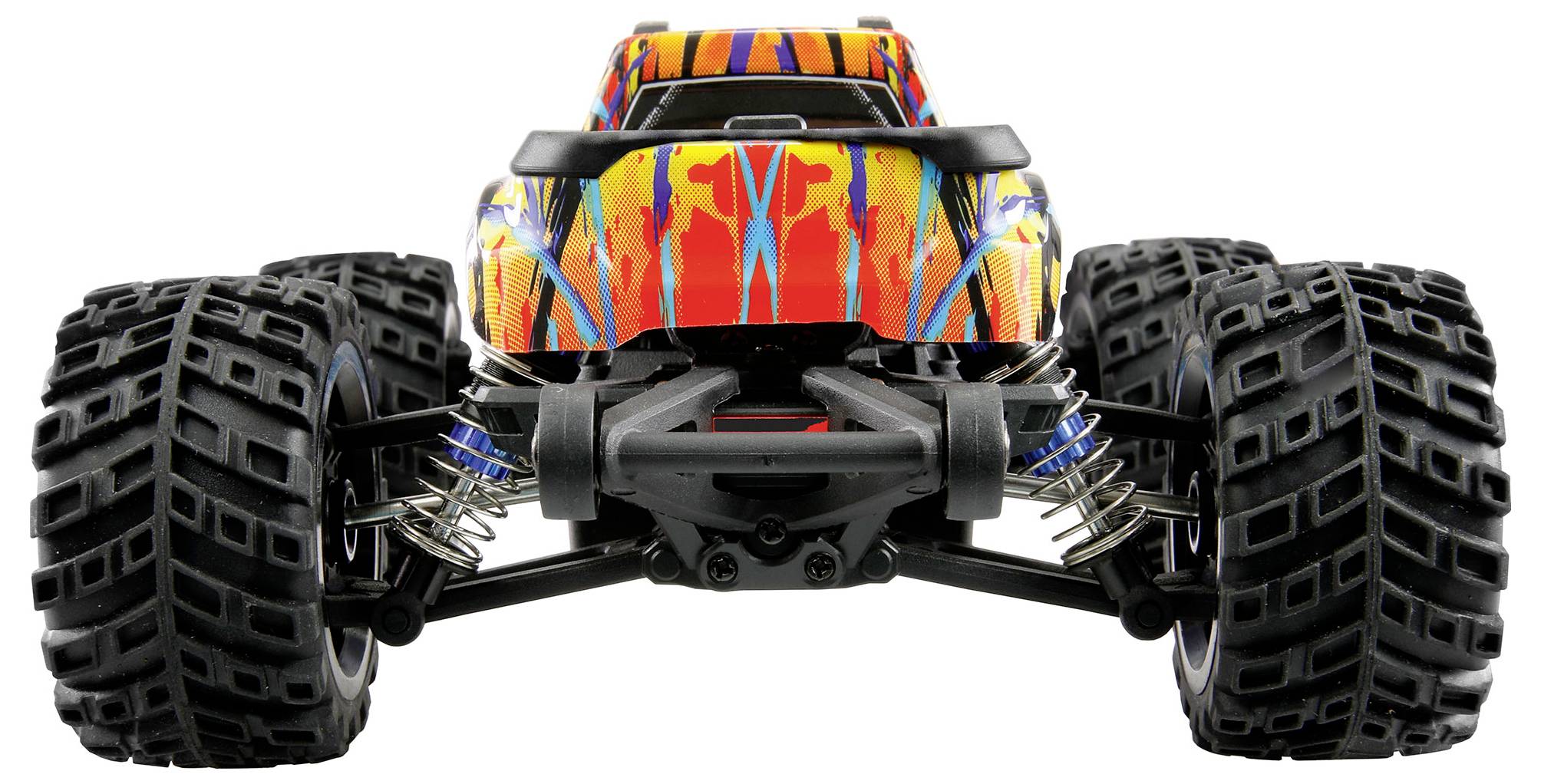 Ein ferngesteuertes Auto mit großen Reifen und buntem, gestreiftem Design, das kraftvoll und stabil wirkt.