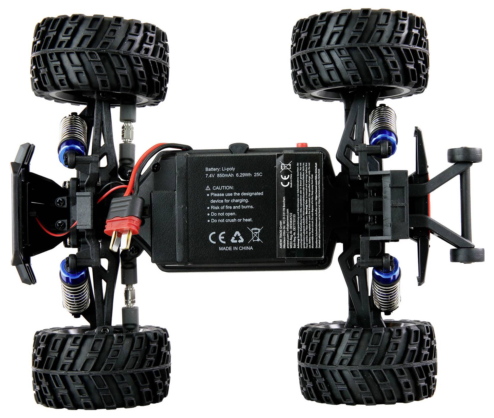 Spielzeugauto-Chassis mit freiliegenden Batteriefach, vier großen Reifen und Federung, schwarz, mit roten und blauen Kabeln.
