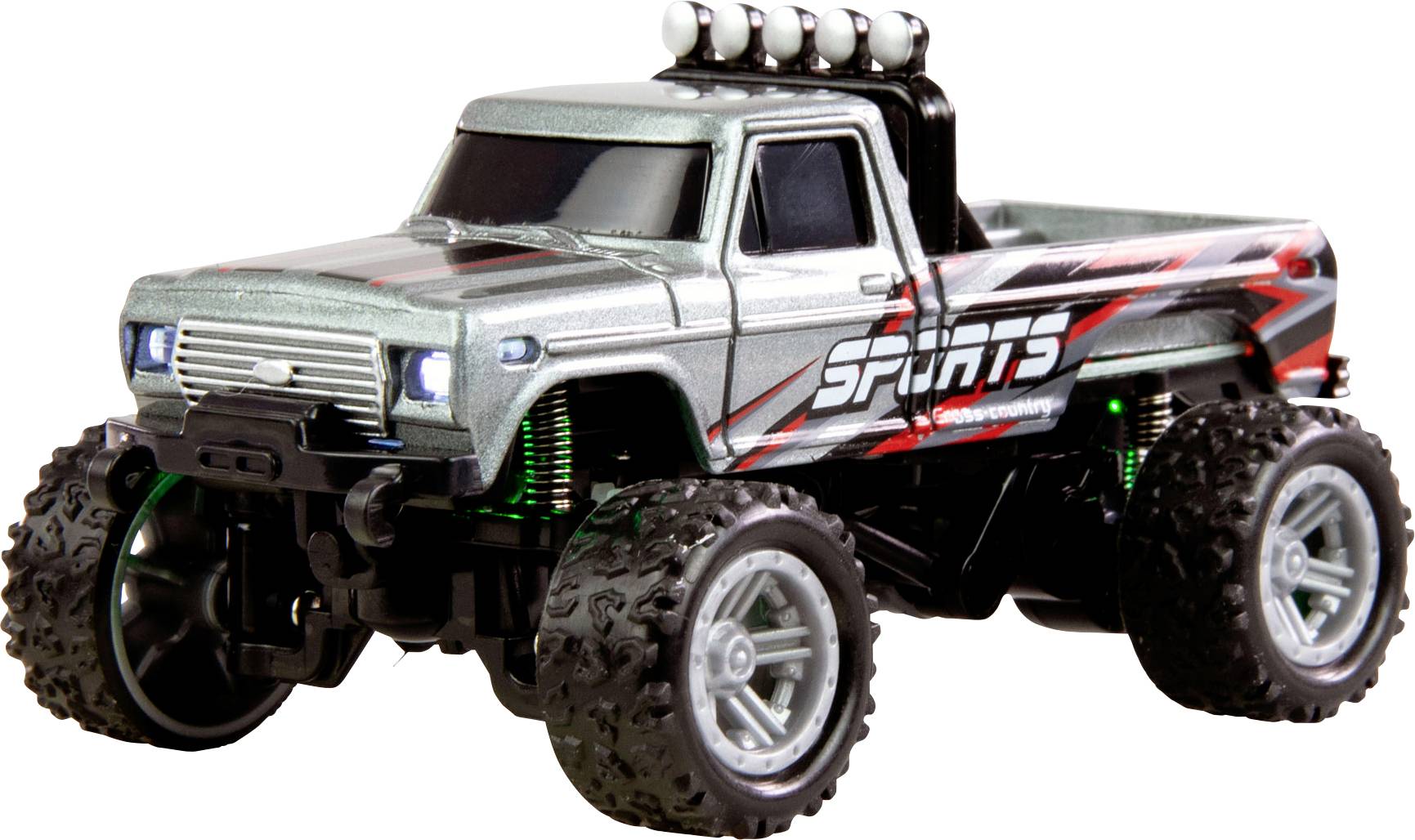 Silberner Spielzeug-Truck mit großen Reifen und sportlichem Design; Aufschrift 'SPORTS' an der Seite; robustes, modernes Aussehen.