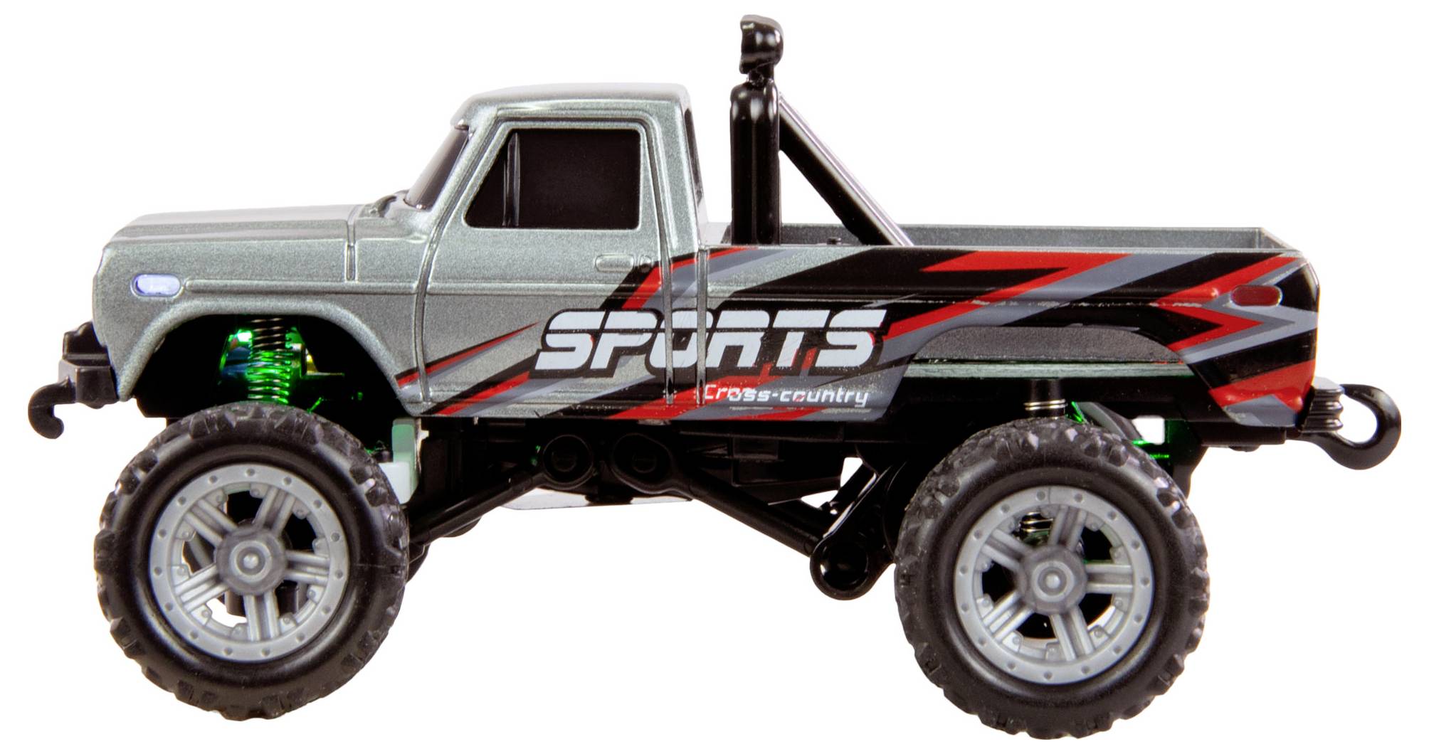 Spielzeug-LKW mit großer Bodenfreiheit und Schriftzug 'SPORTS' an der Seite. Eignet sich für Kinder und Sammler von Modellfahrzeugen.