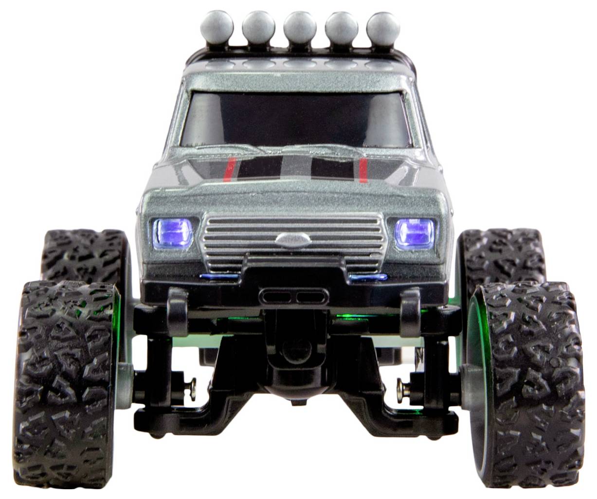 Ein ferngesteuertes Offroad-Spielzeugauto mit großen, strukturierten Reifen und leuchtenden Scheinwerfern, frontal abgebildet.