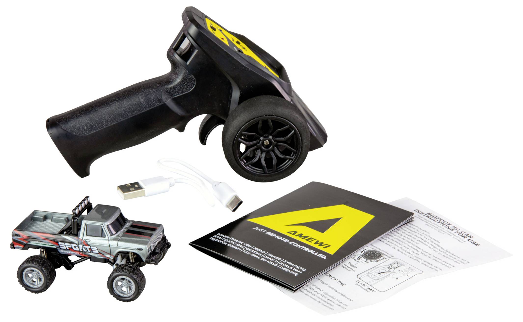 Ferngesteuertes Auto-Set mit Controller, USB-Ladekabel und Benutzerhandbuch. Hauptfahrzeug in grauer Farbe mit roten Akzenten.