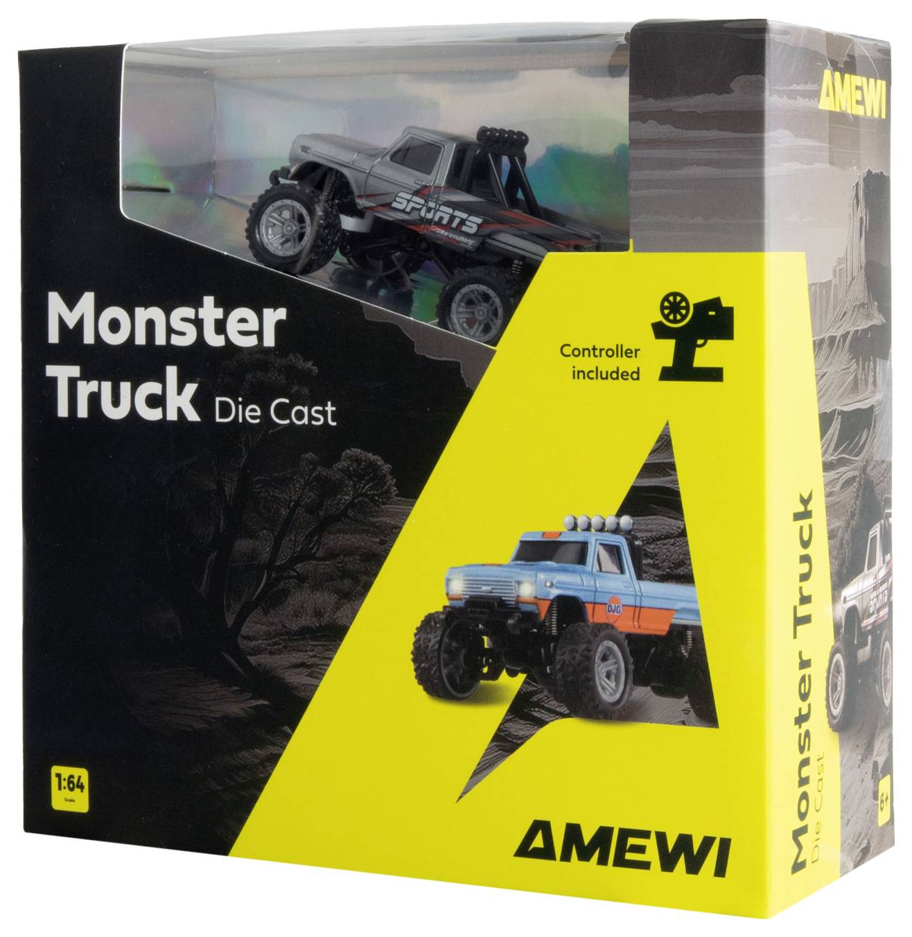 Eine Spielzeugverpackung zeigt einen ferngesteuerten Monstertruck im Maßstab 1:64. Die Aufschrift 'Monster Truck' ist hervorgehoben.