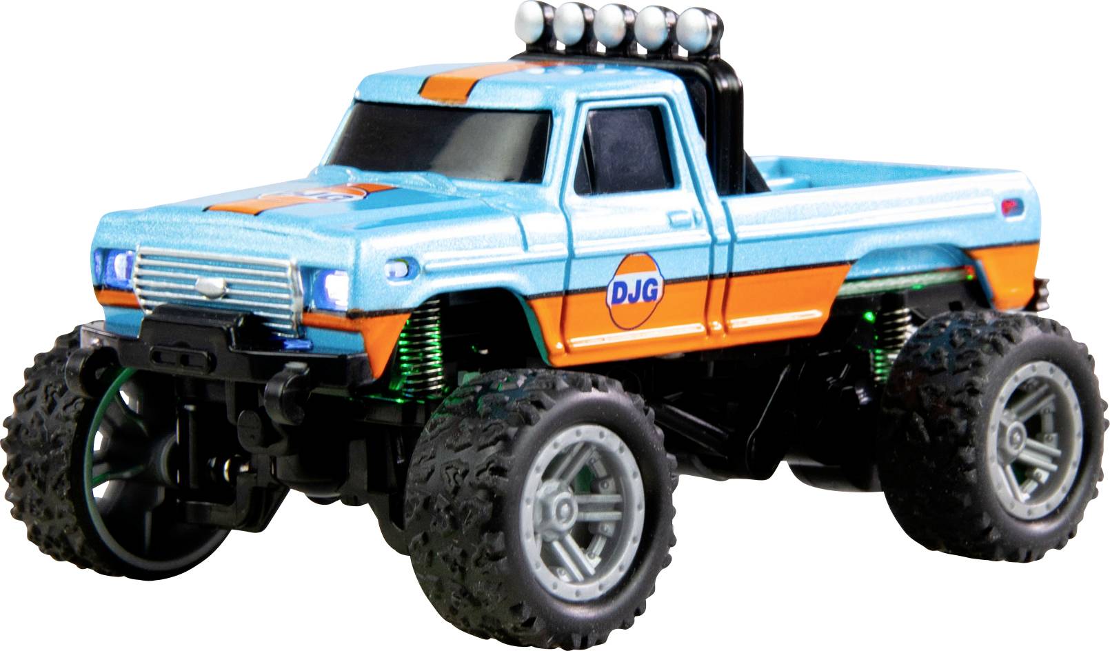 Spielzeug-Monstertruck in Blau und Orange mit großen Reifen und 'DJG'-Logo auf der Seite.