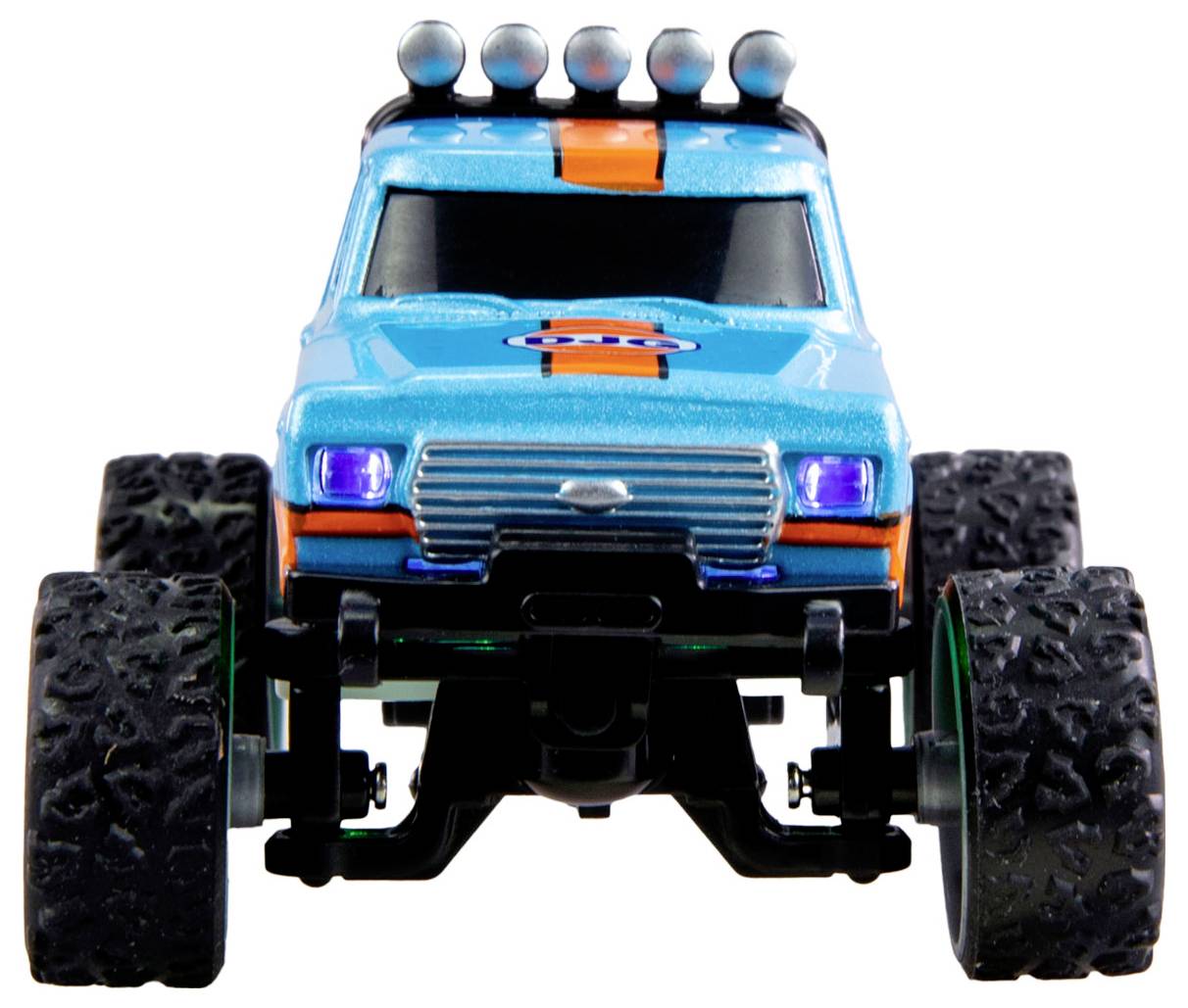 Spielzeugauto in Blau und Orange, mit großen Reifen und Lichtern auf dem Dach. Es zeigt ein robustes und abenteuerliches Design.