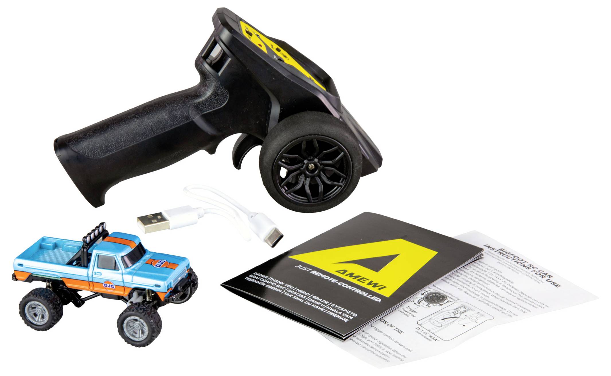 Ein ferngesteuertes Auto-Set mit Controller, USB-Kabel und Anleitungen. Das Auto ist klein und blau mit schwarzen Akzenten.