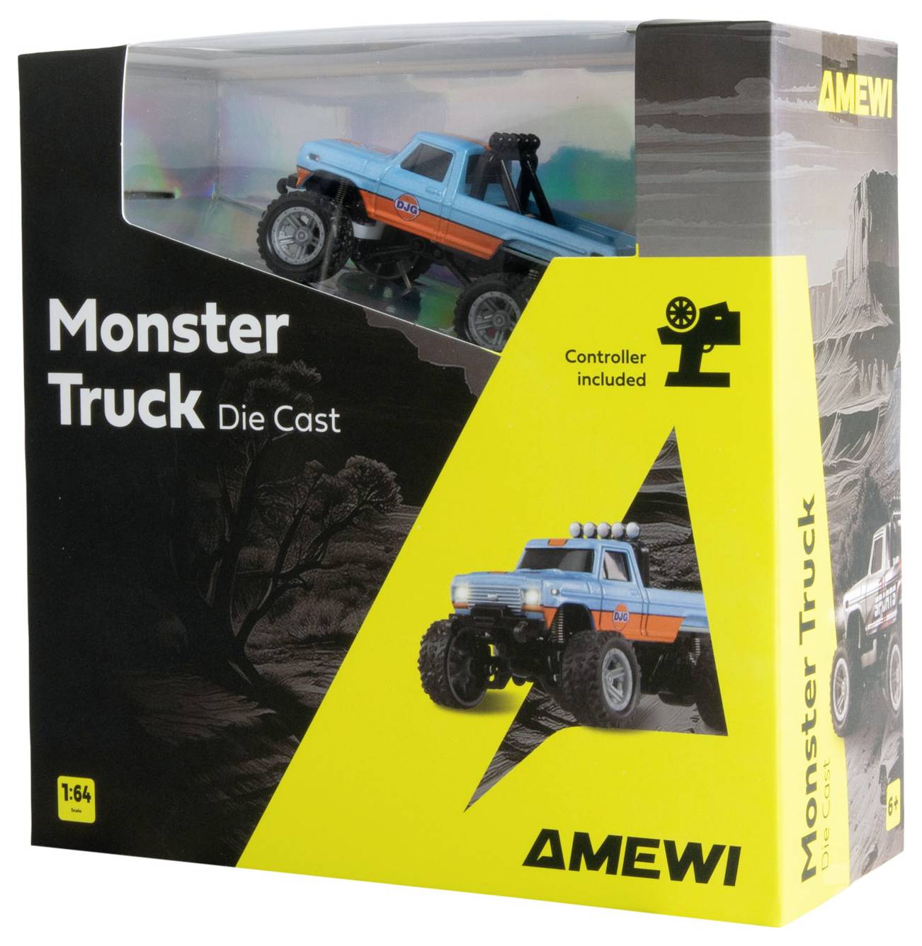 Spielzeug-Monstertruck in blau-orange in einer Verpackung mit der Aufschrift 'Monster Truck Die Cast'. Fernbedienung enthalten.
