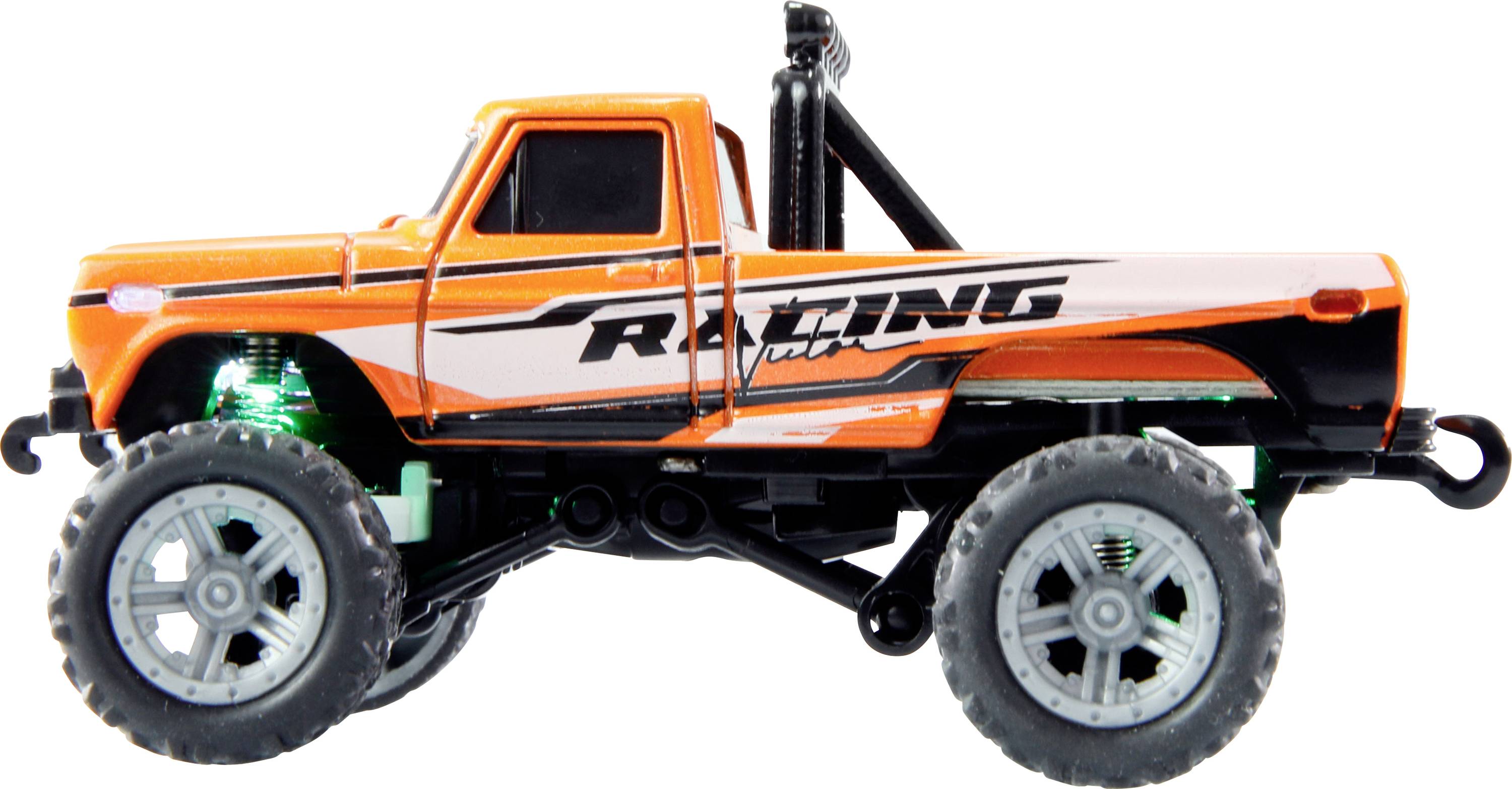 Ein orangefarbenes Spielzeug-Monstertruck-Modell mit der Aufschrift 'Racing' auf der Seite, gezeigt von der Seite.
