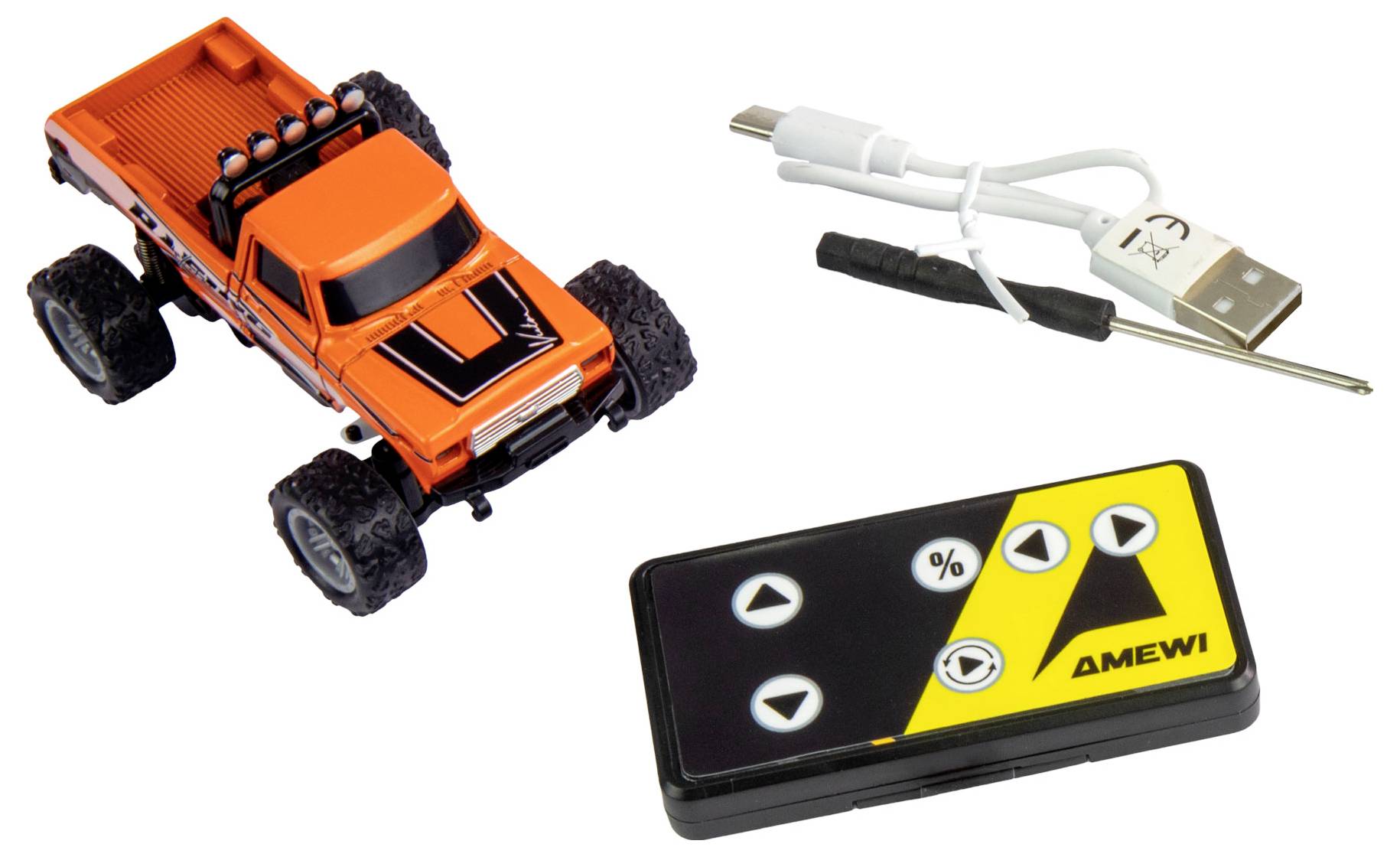 Spielzeugauto-Set: Orangefarbener Mini-Monstertruck mit Fernbedienung, USB-Ladekabel und Schraubendreher. Eignet sich für Kinder ab 8 Jahren.