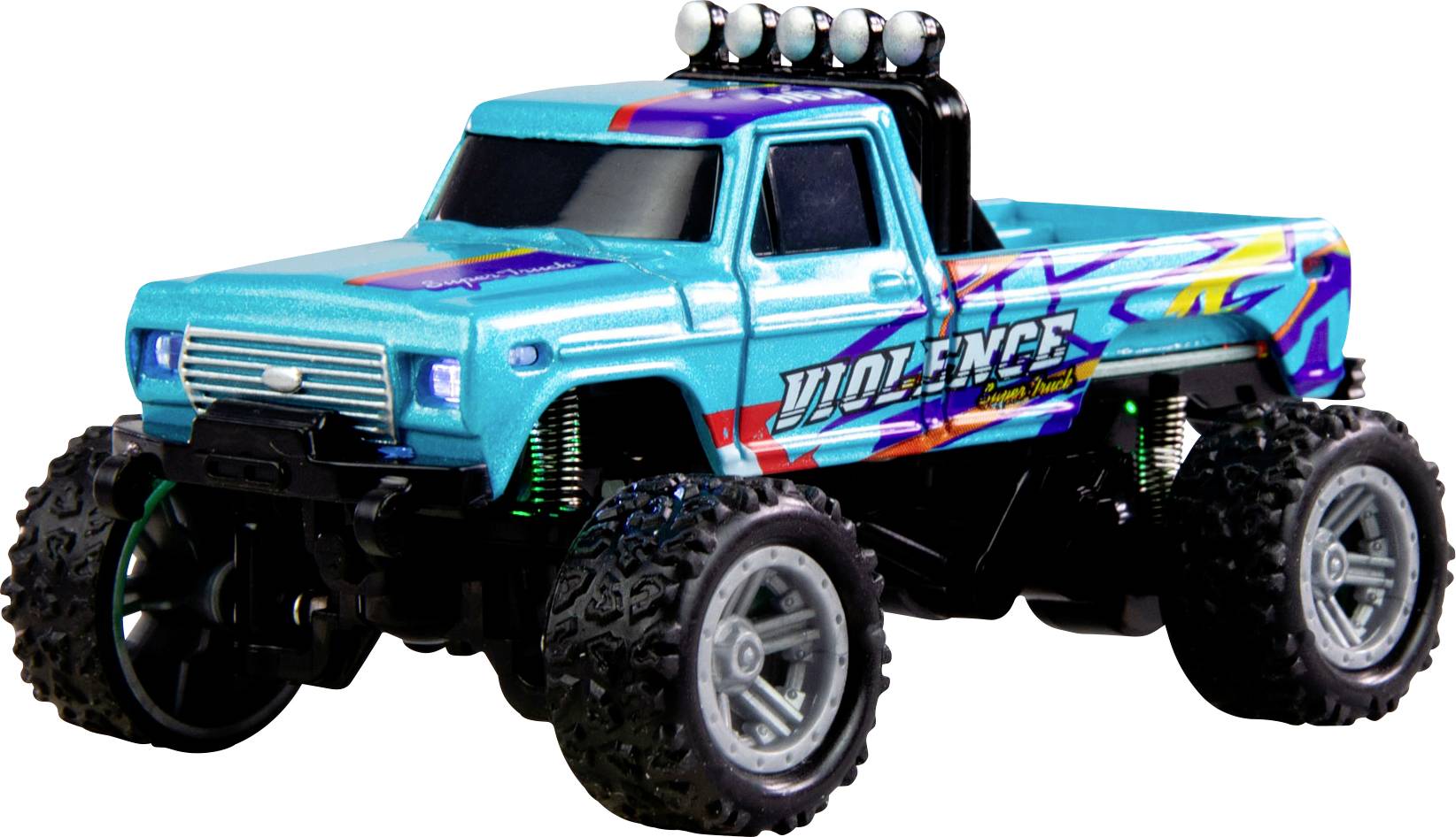 Spielzeug-Monstertruck in leuchtendem Blau mit bunten Grafiken, großen Rädern und erhöhter Karosserie.