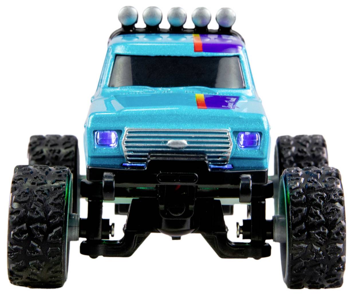 Ein blauer Spielzeug-Monstertruck mit großen, strukturierten Reifen und bunten Akzenten auf der Motorhaube, frontal abgebildet.