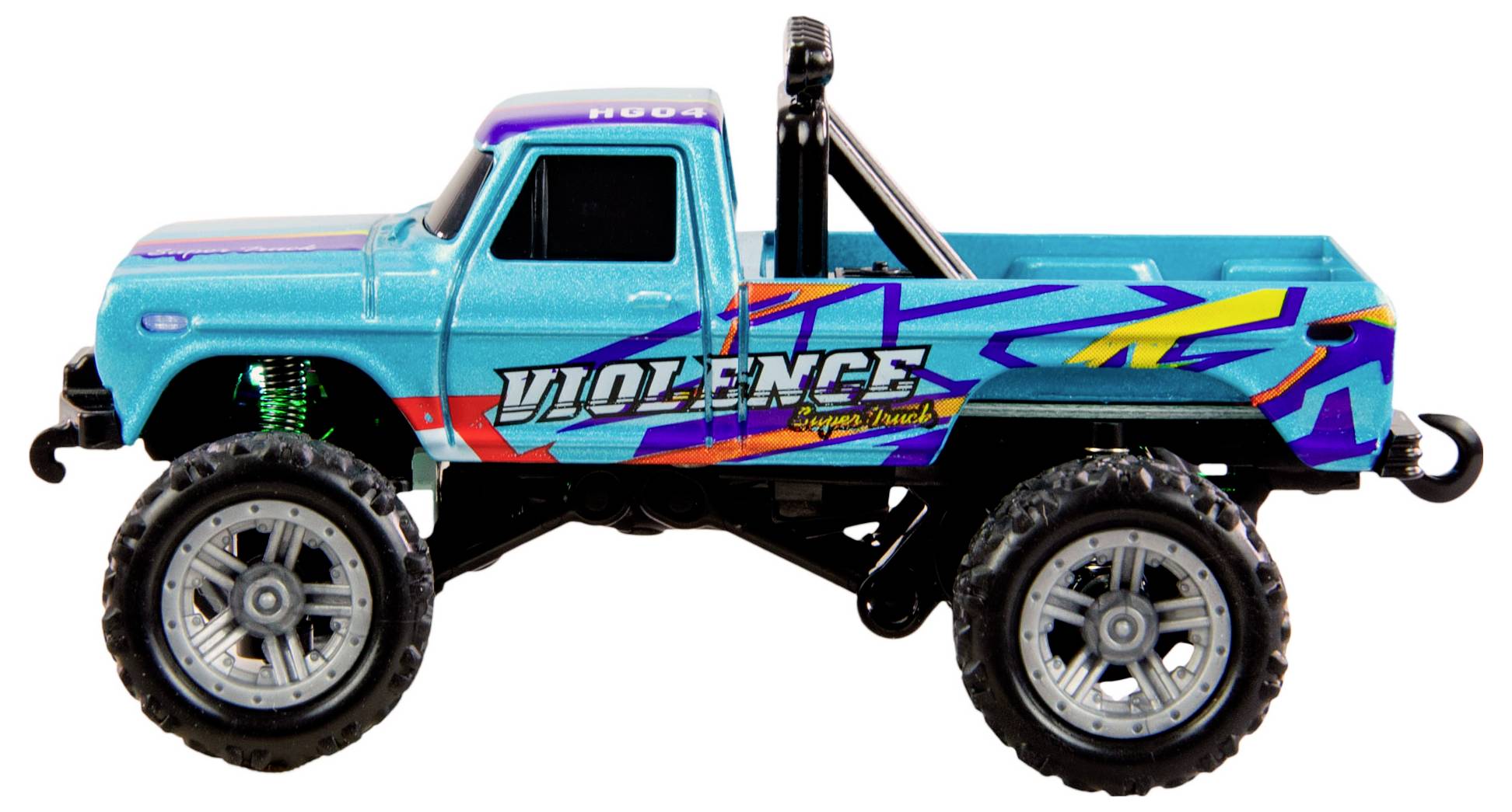 Ein hellblaues Spielzeug-Monstertruck-Modell mit buntem Design und der Aufschrift 'Violence' an der Seite.
