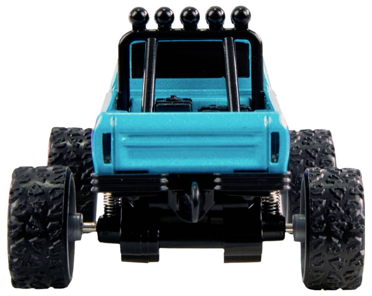 Spielzeugauto in Blau mit großen schwarzen Reifen, frontalansicht. Das Fahrzeug hat ein robustes Design, geeignet für raues Gelände.