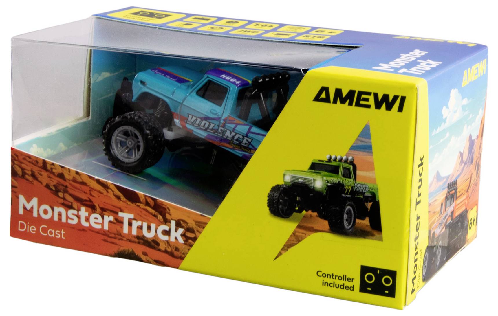Verpackung eines Spielzeug-Monstertrucks von Amewi, türkisfarben, mit der Aufschrift 'Monster Truck Die Cast', inklusive Controller.
