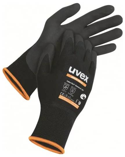 Schwarze Schutzhandschuhe mit orangen Manschetten von Uvex. Aufdruck zeigt Schutzsymbole und Größenangabe auf dem Handrücken.