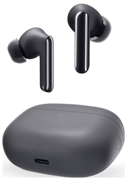 Kabellose schwarze Ohrhörer mit Ladeetui, modernes Design.