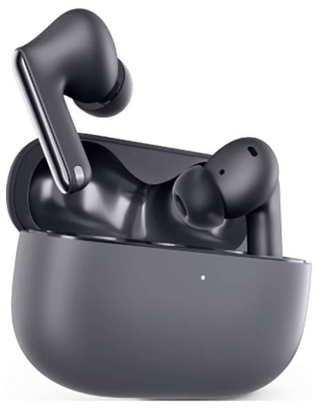 Kabellose schwarze Ohrhörer in ihrem Ladeetui; modernes Design.