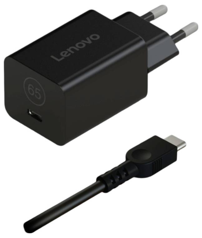 Schwarzes Lenovo-Ladegerät mit EU-Stecker und USB-C-Anschluss, auf einer weißen Fläche liegend.