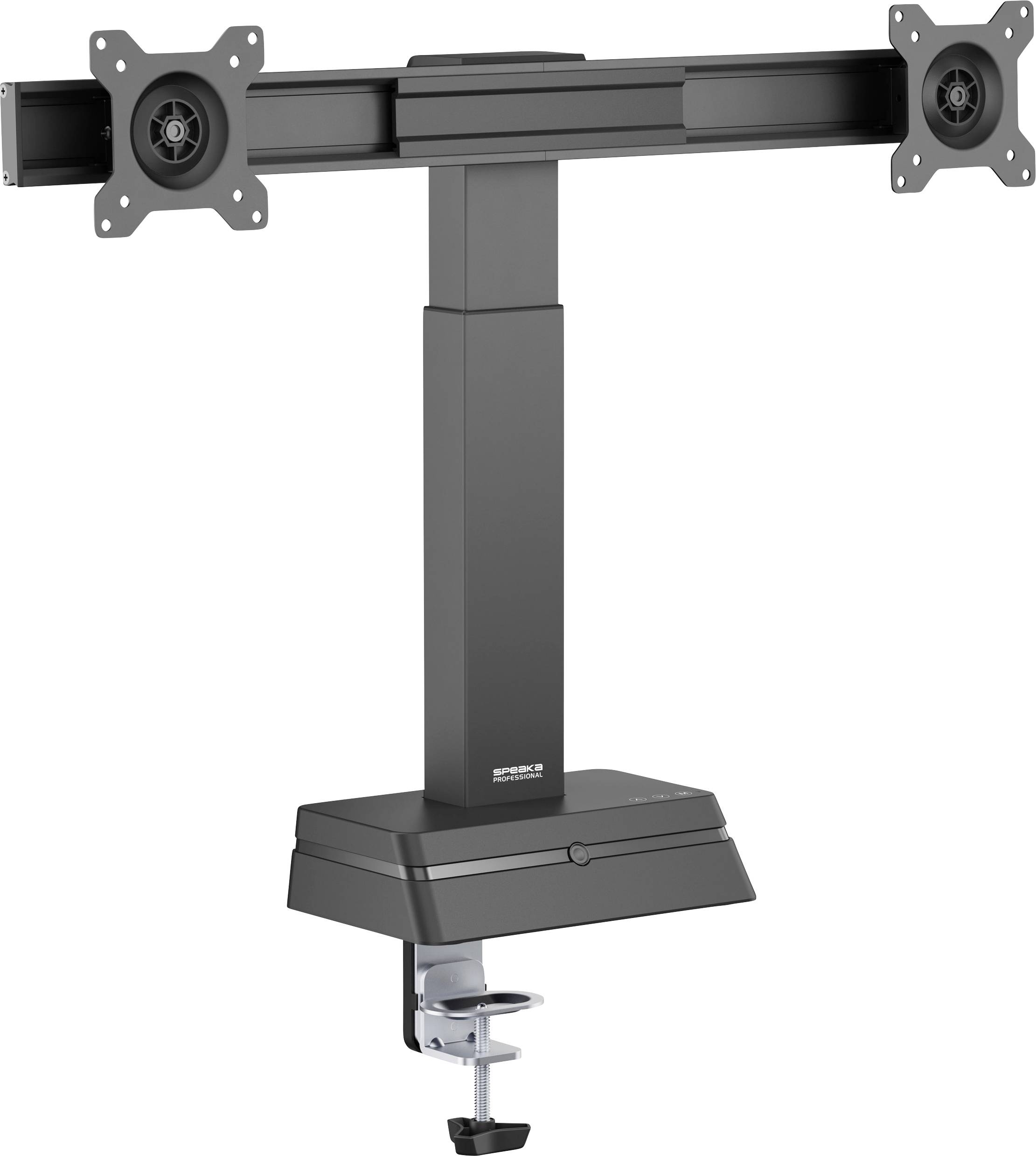 Ein Dual-Monitor-Schreibtischhalterung mit zwei verstellbaren Armen, ausgestattet mit einer Klemmbase für einfache Befestigung an einem Schreibtisch. Geeignet für Flachbildschirm-Monitore.