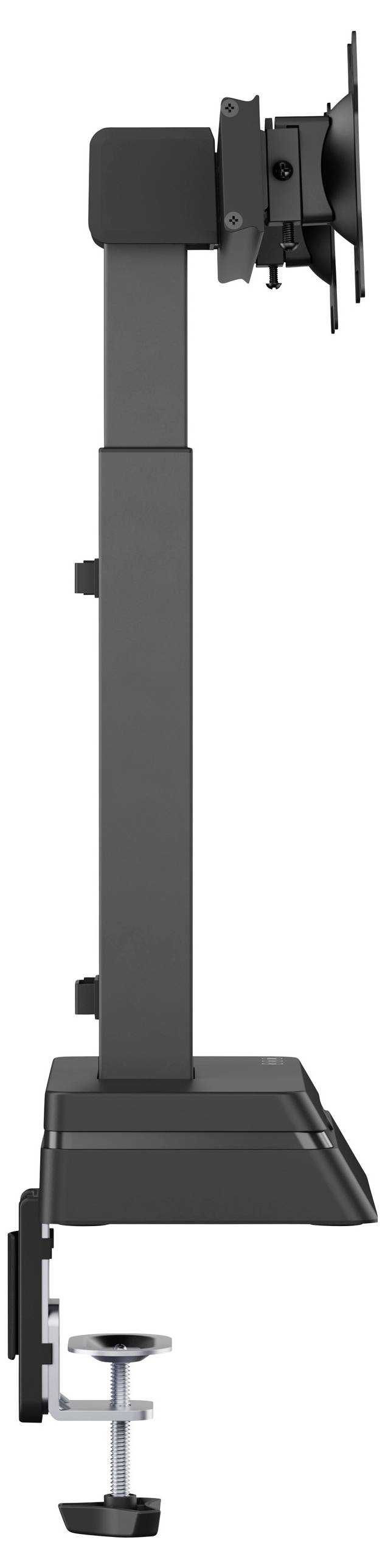 Einstellbarer schwarzer Monitorarm mit Klemmhalterung zum Befestigen an einem Schreibtisch, mit schwenkbarem Kopf zur Positionierung des Monitors.