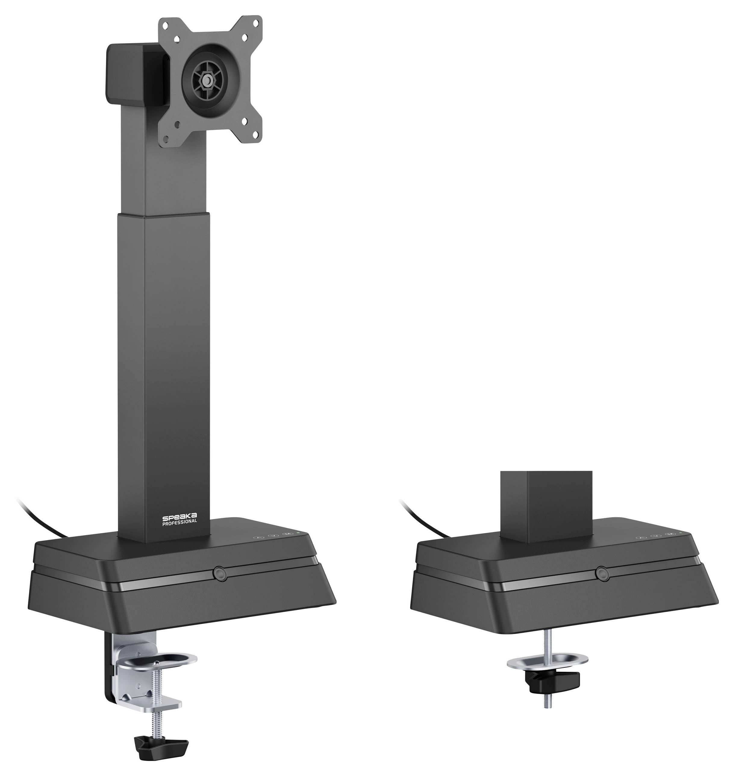 Doppelte Halterungsständer mit Klemmbasen und verstellbaren Vertikalarmen. Entwickelt zum sicheren Anbringen und Positionieren von Bildschirmen oder Monitoren.