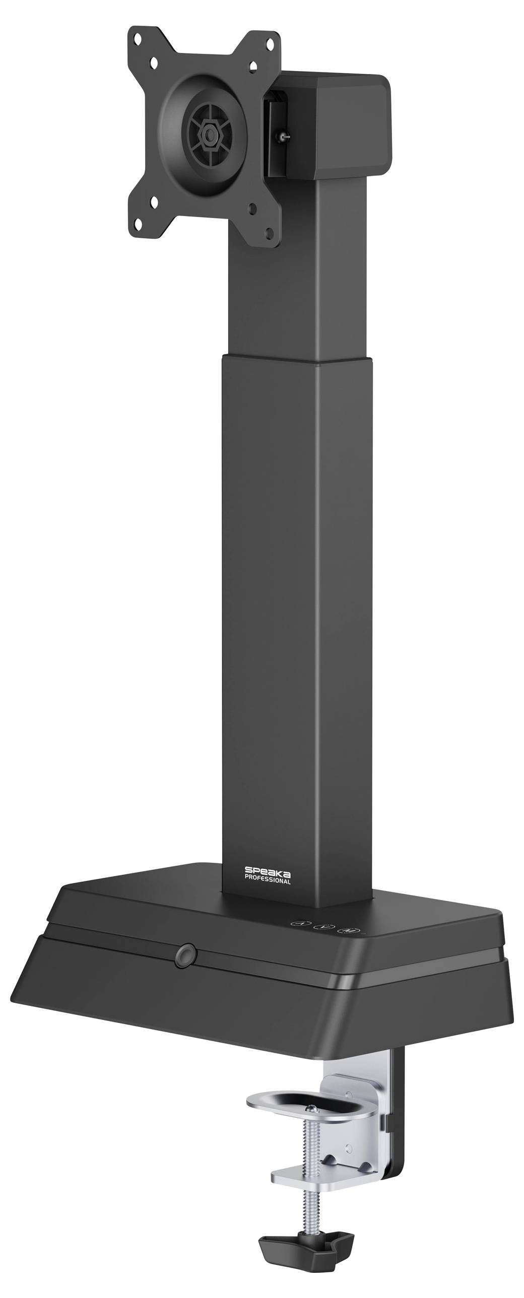 Monitorhalterung mit Klemmfuß für eine sichere Befestigung an einem Schreibtisch. Verstellbarer Arm mit VESA-Platte für flexible Bildschirmpositionierung.