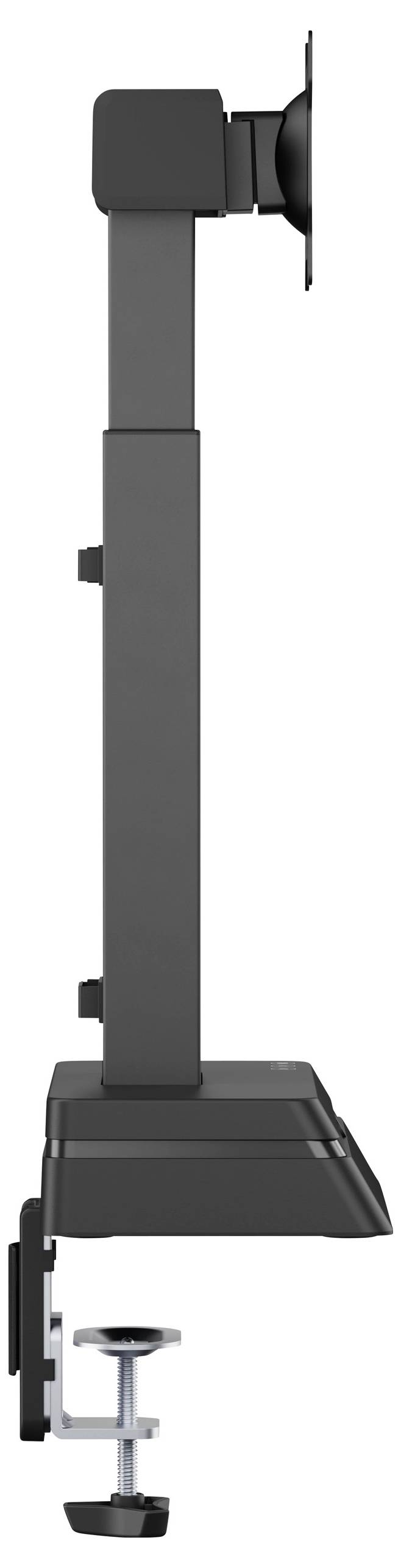 Verstellbare Monitorarmhalterung mit Klemmhalterung, aus Seitenansicht. Sie verfügt über mehrere Gelenke für flexible Positionierung.