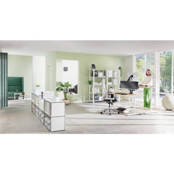 Helles, modernes Büro mit grüner Akzentwand, ergonomischen Möbeln, Stehschreibtisch und großer Fensterfront. Person arbeitet am Schreibtisch.