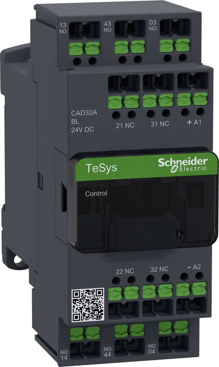 Schütz von Schneider Electric mit grüner Beschriftung 'TeSys'. Verschiedene Anschlussklemmen sind sichtbar, geeignet für elektrische Steuerungen.