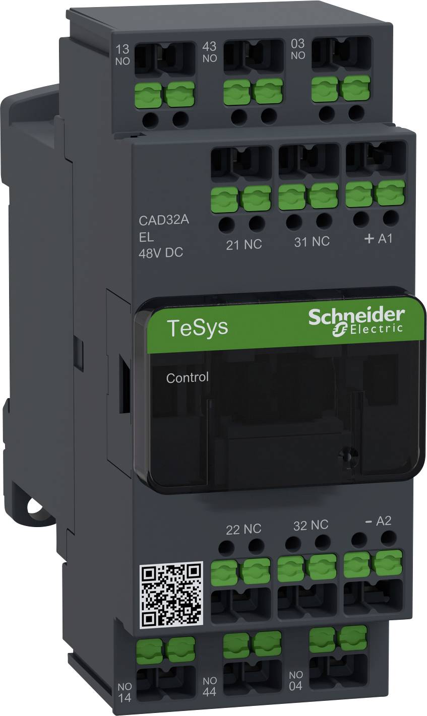 Schneider Electric TeSys CAD32A Steuerrelais. DIN-Schienenmontage mit grünen Anschlussklemmen. QR-Code auf der Vorderseite.
