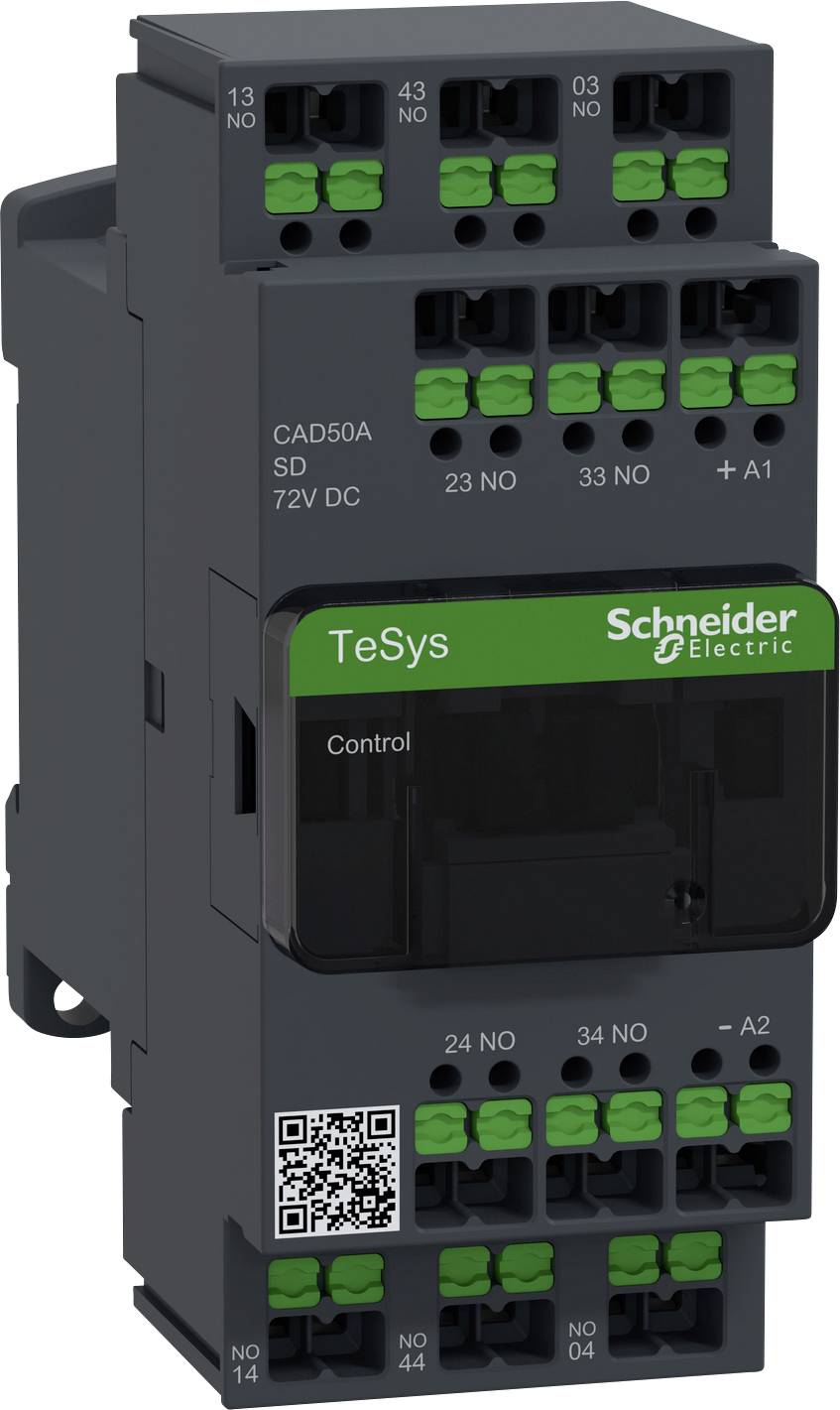 Ein schwarzes elektrisches Schütz von Schneider Electric, Modell TeSys, zeigt Anschlüsse und einen QR-Code auf der Vorderseite.