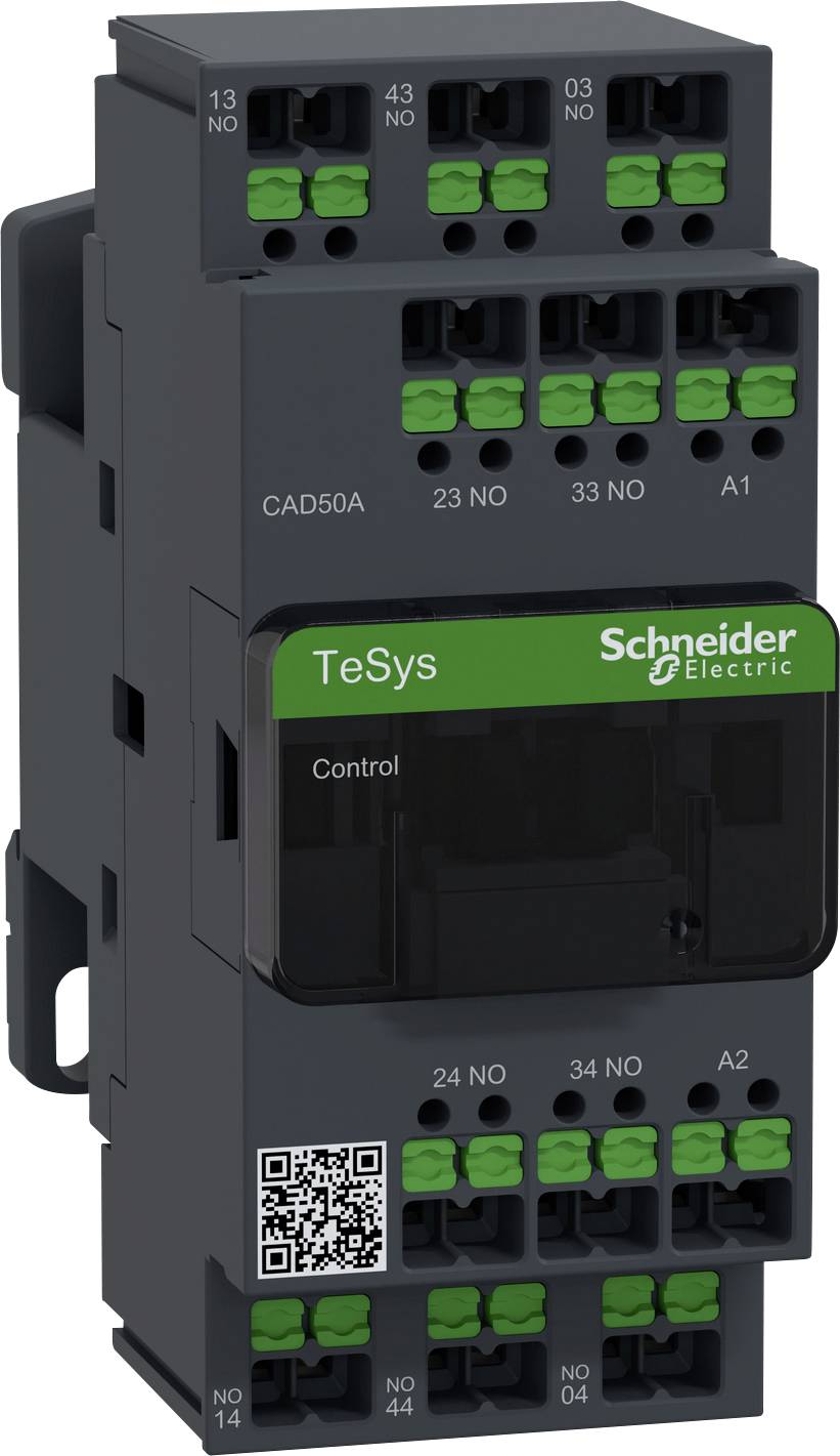 Ein schwarzes Schneider Electric Relaisbauteil mit grünen Anschlüssen und weißem QR-Code, beschriftet mit 'TeSys Control'.
