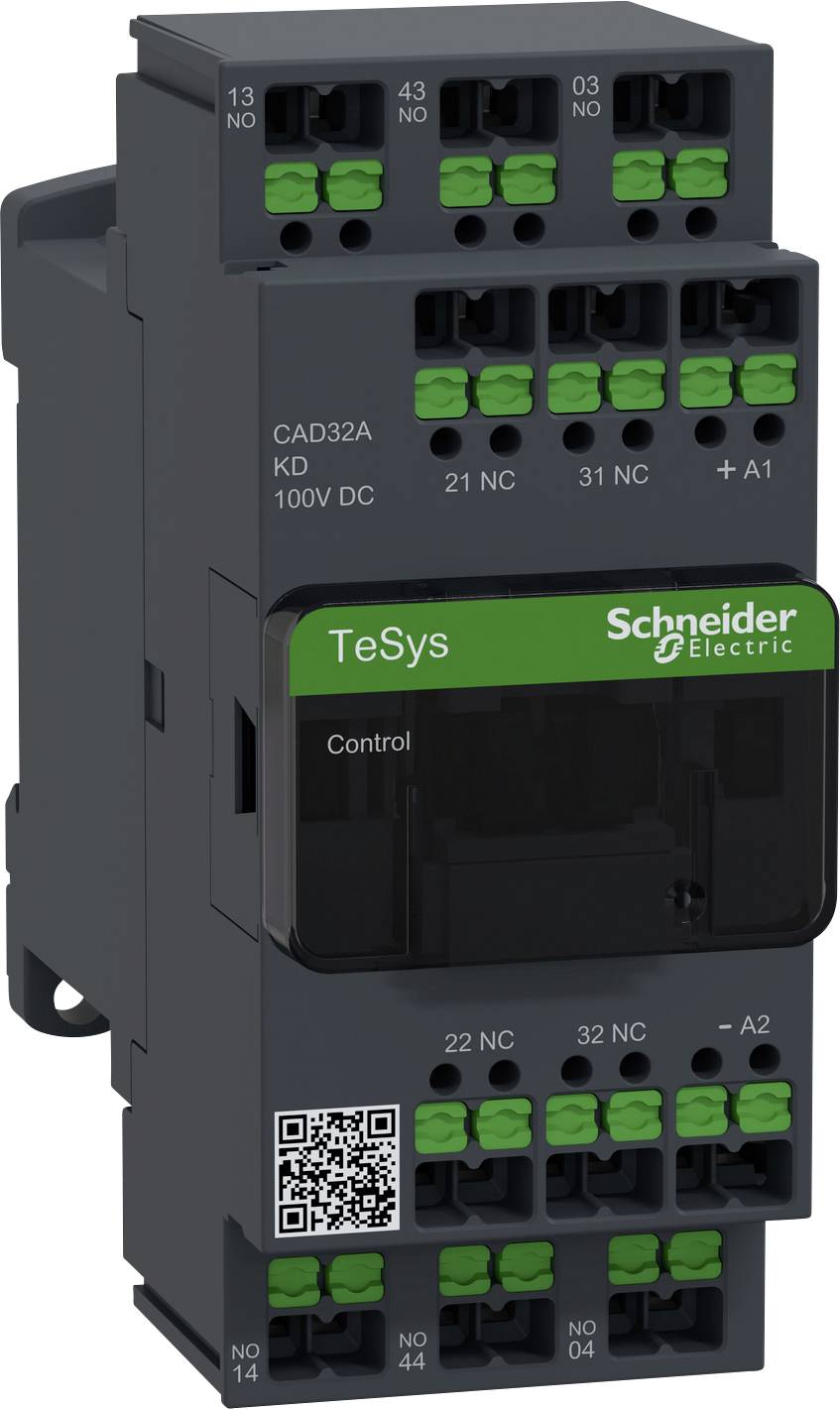Schneider Electric TeSys CAD32A Schütz, 3-polig, mit QR-Code auf der Vorderseite, grün-schwarzes Design, mehrere Anschlussklemmen.