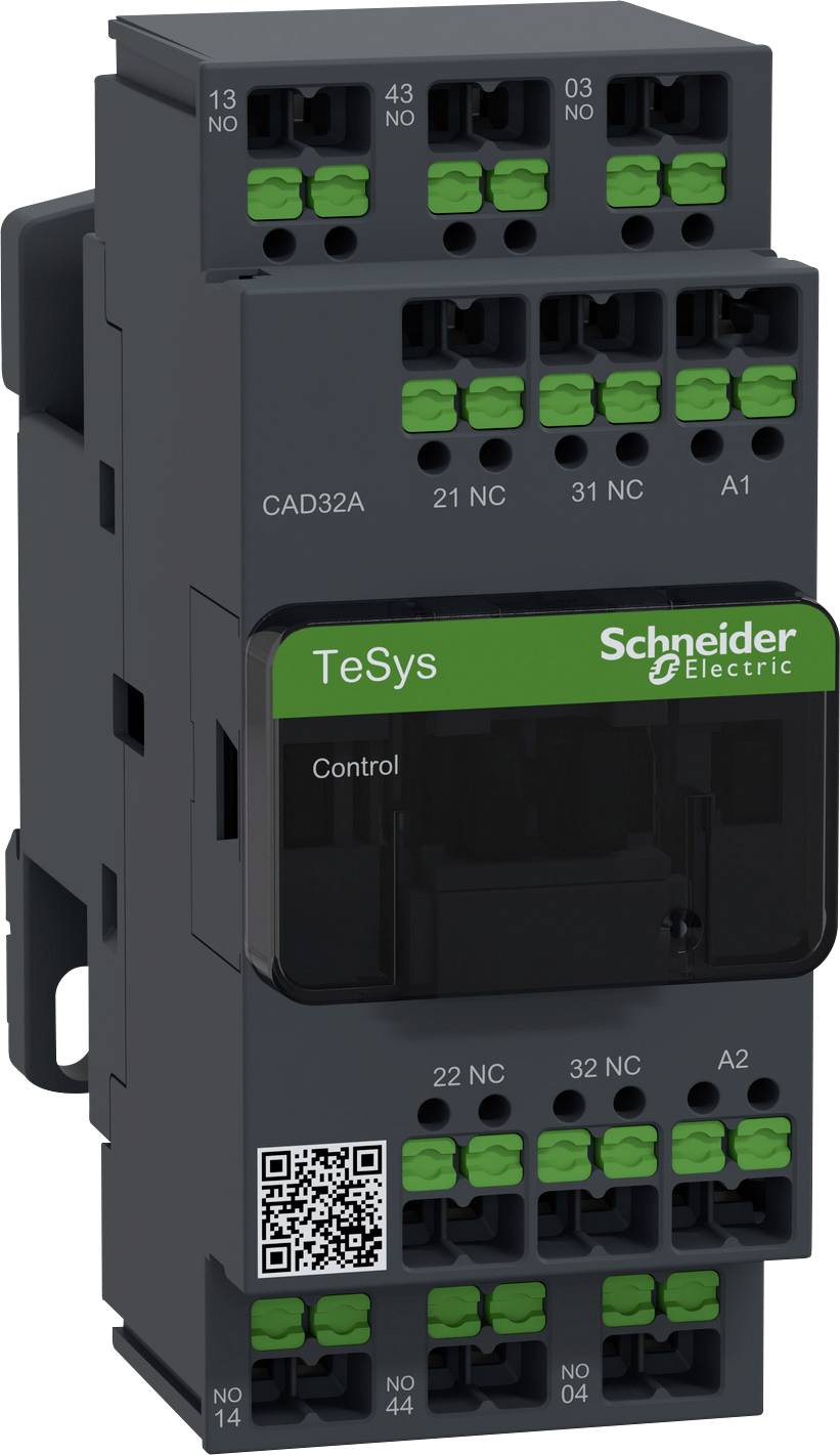 Schwarzes elektrisches Schütz von Schneider Electric mit grünen Anschlusspunkten. QR-Code unten. Modell: TeSys CAD32A.