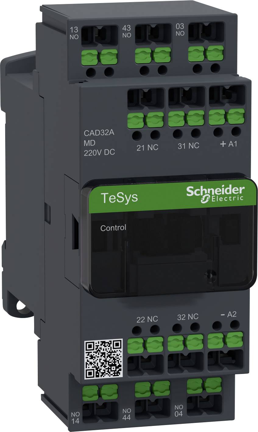Ein schwarzer elektrischer Schaltkasten mit grünen und schwarzen Anschlüssen, beschriftet mit 'TeSys' und 'Schneider Electric'.
