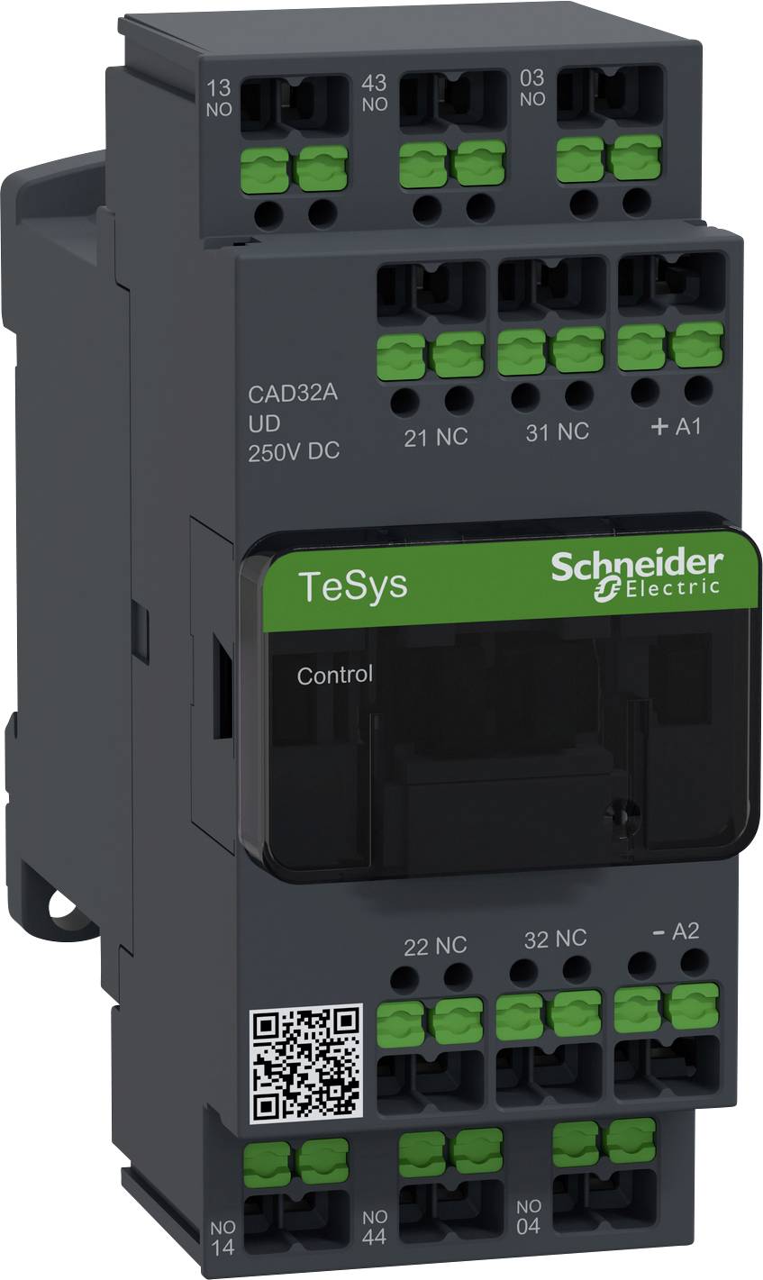 Elektrischer Schützblock von Schneider Electric, Serie TeSys, mit mehreren Anschlussklemmen und einem QR-Code für Steuerungszwecke.