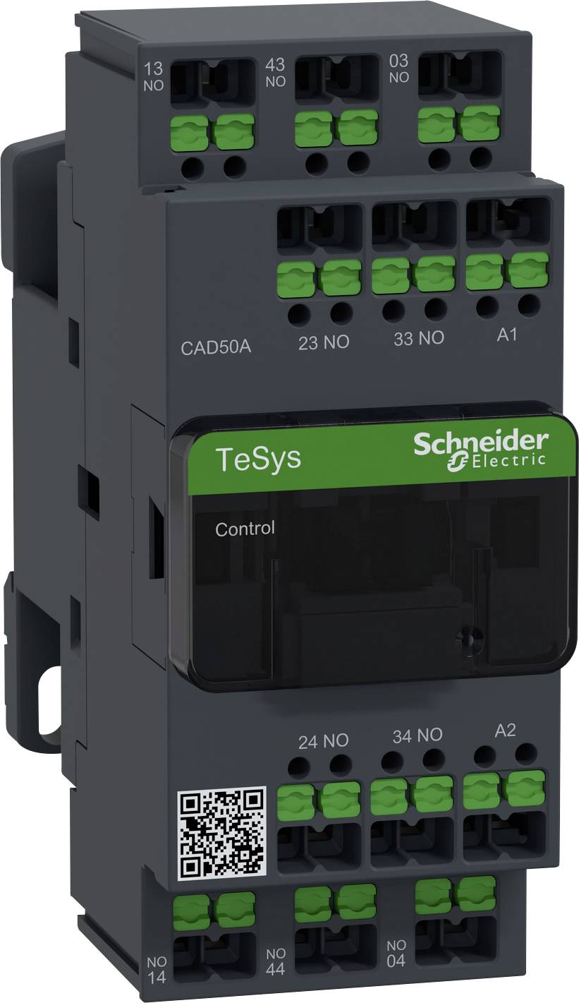 Schwarzer elektronischer Schalter mit grünen Anschlüssen, beschriftet 'TeSys Schneider Electric'. Enthält einen QR-Code unten.