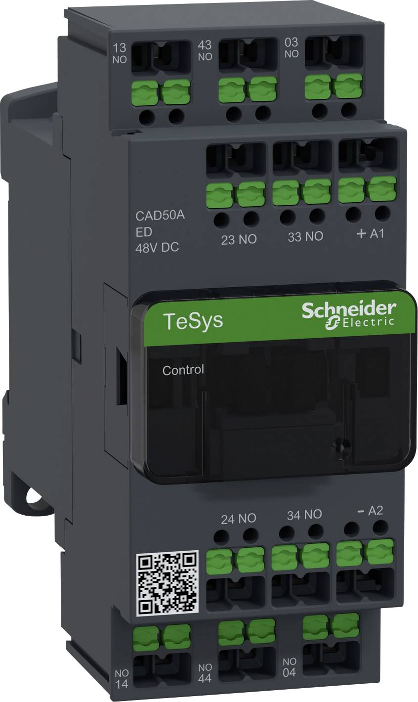 Ein schwarzes Gerät von Schneider Electric mit grünen Steckern, Modell 'TeSys', zur Steuerung in elektrischen Einrichtungen.
